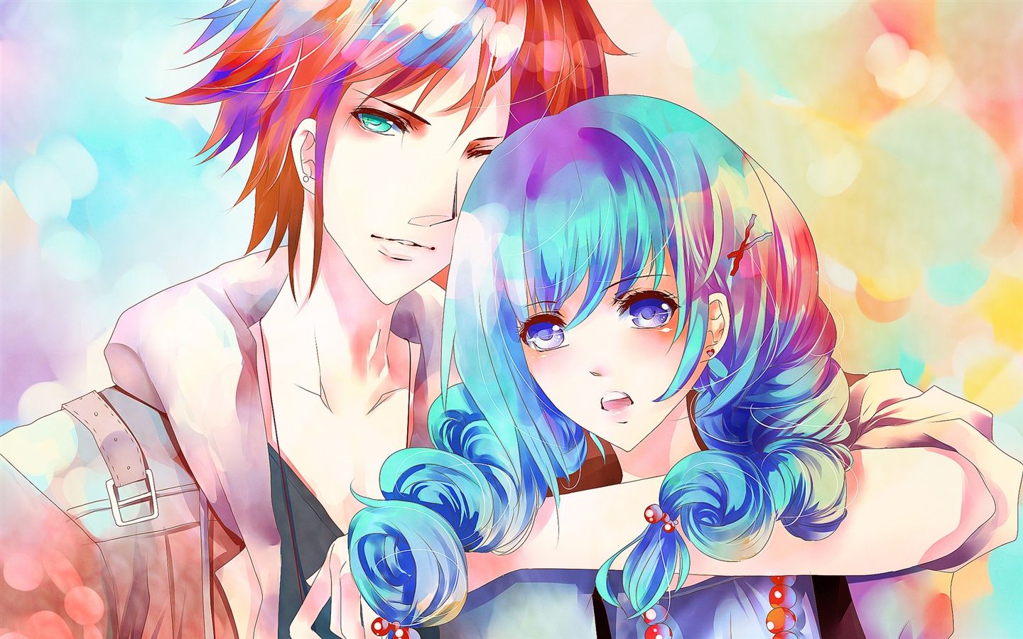 Wallpaper Blue hair anime girl with a boy 1920x1200 HD Picture, Image