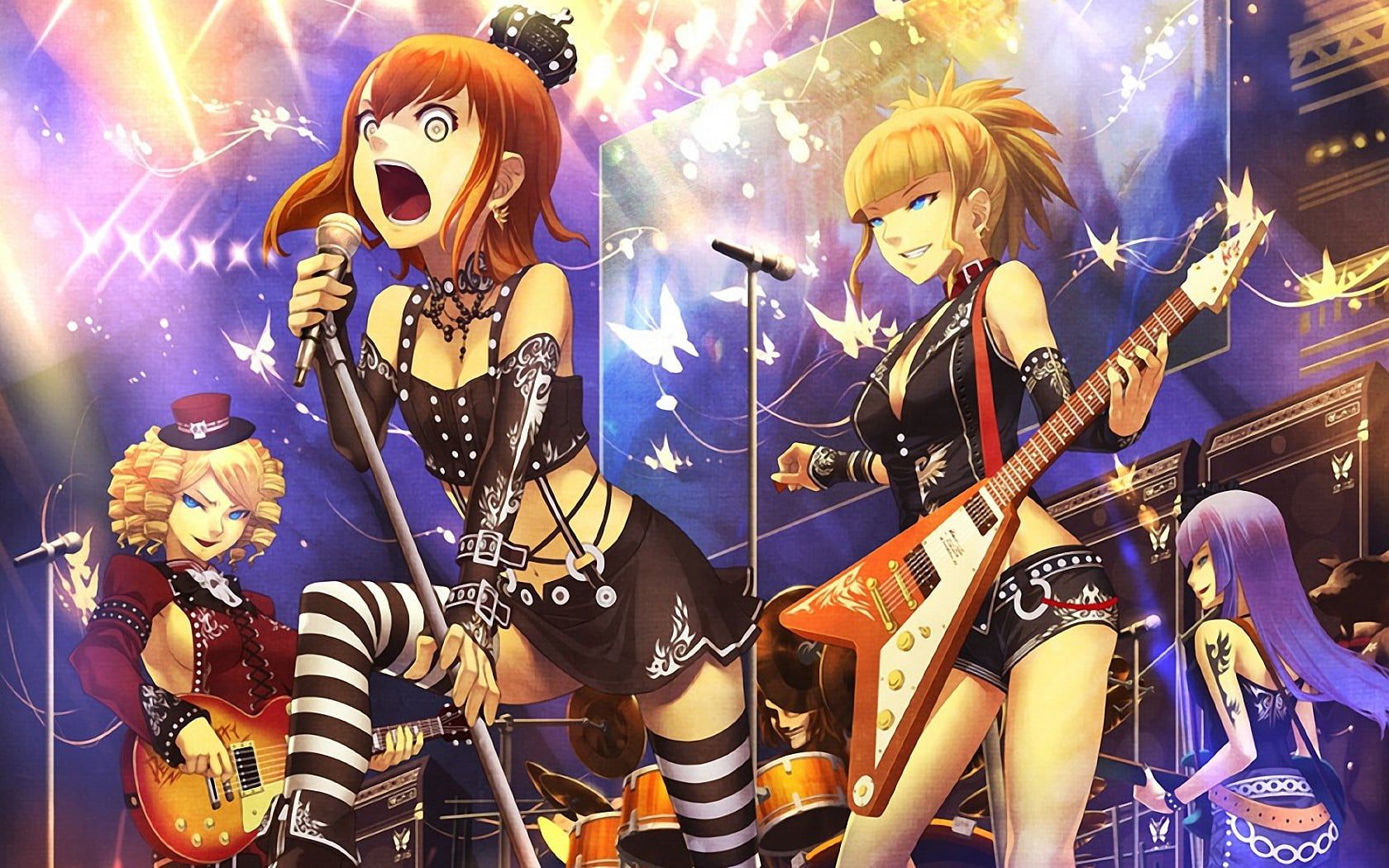 Female anime characters having concert HD wallpaper