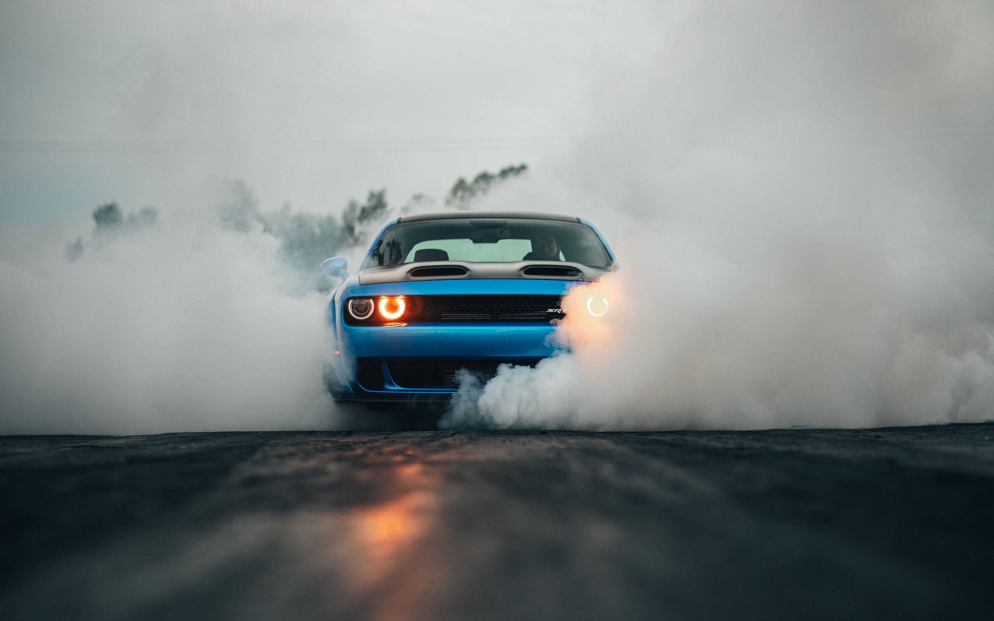 Download Dodge Challenger Hellcat, smoke, muscle car, blue