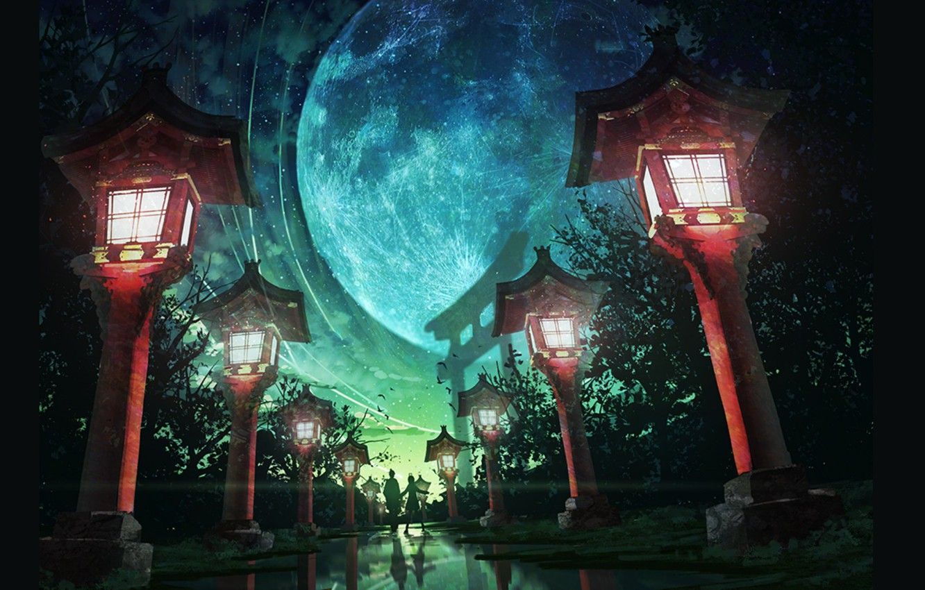 Wallpaper summer, night, Japan, lights, track, two, the full moon
