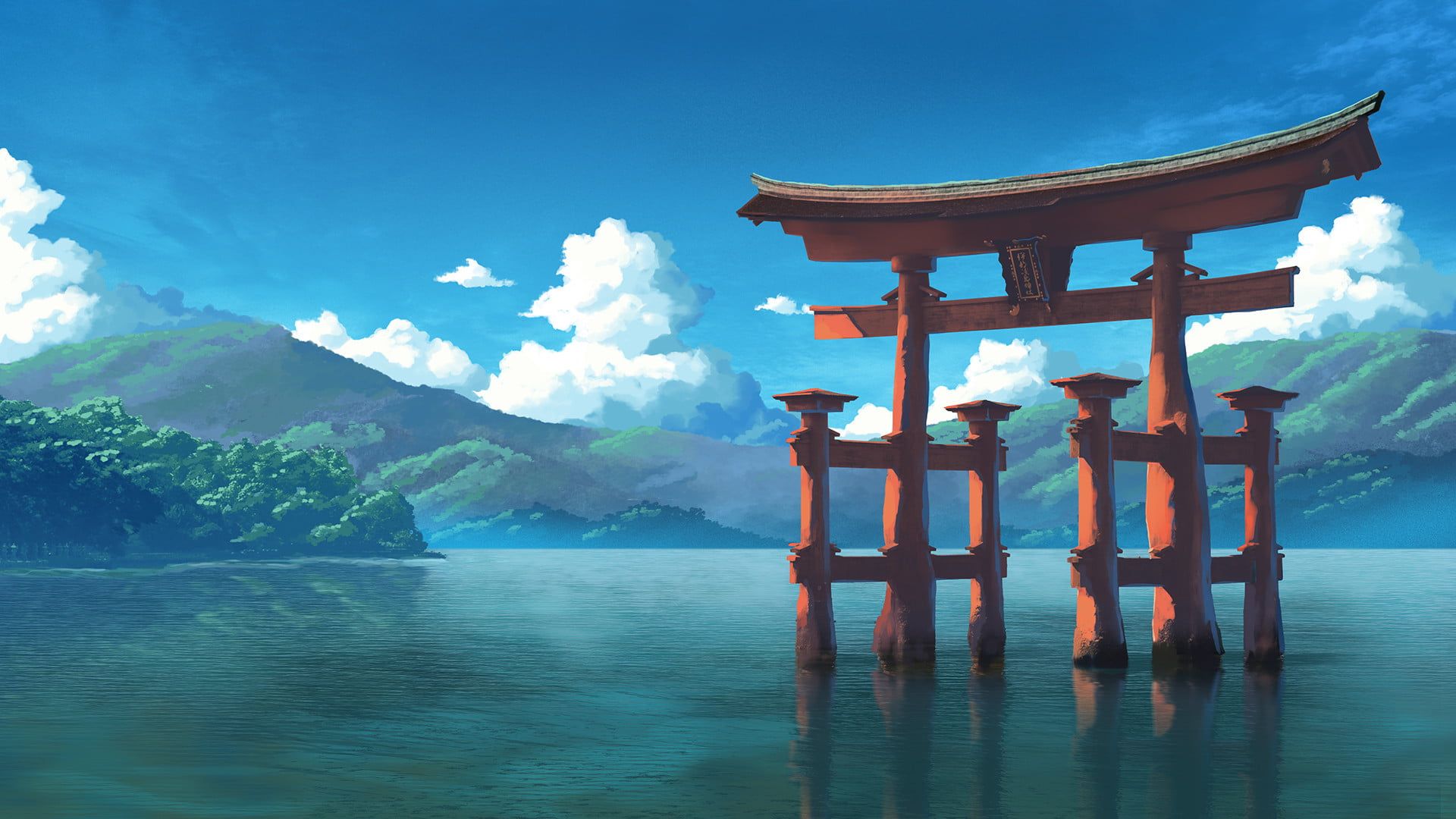 Tori gate digital wallpaper, shrine, water, mountains, clouds HD