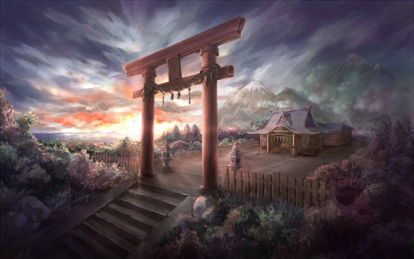 touhou stairways shrine gate. Landscape painting tutorial