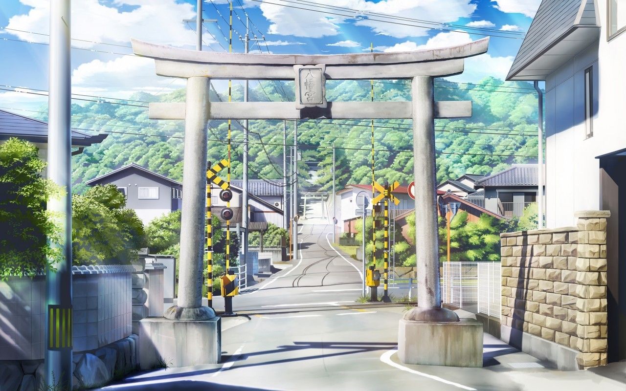 Download 1280x800 Anime Landscape, Village, Gate, Mountain, Scenic