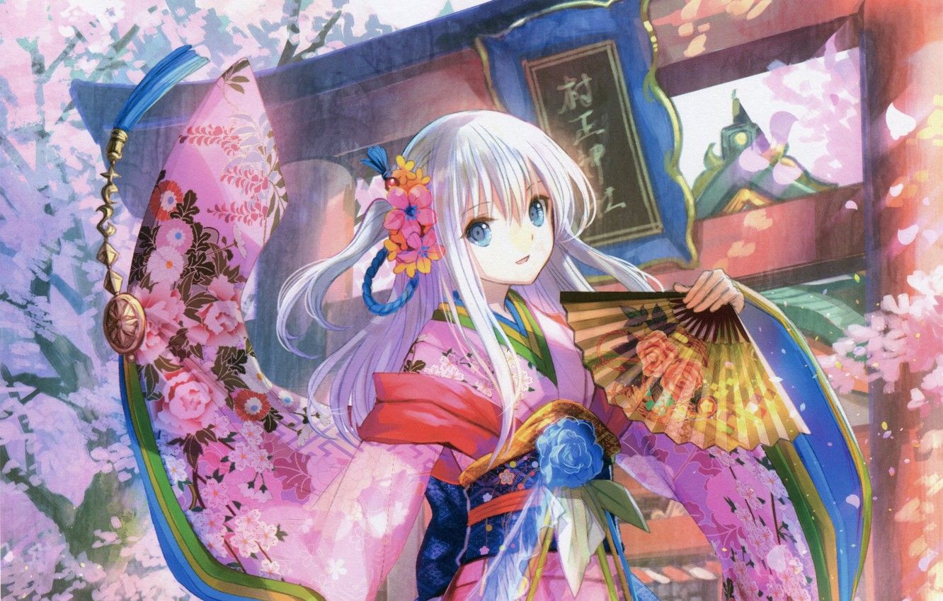Wallpaper dance, Japan, fan, girl, kimono, blue eyes, art