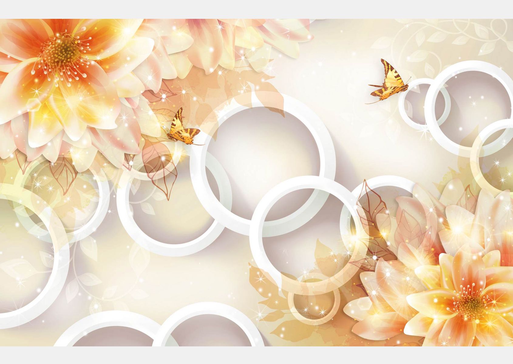 Wallpaper 3D, Flower of lotus orange, butterflies and circles