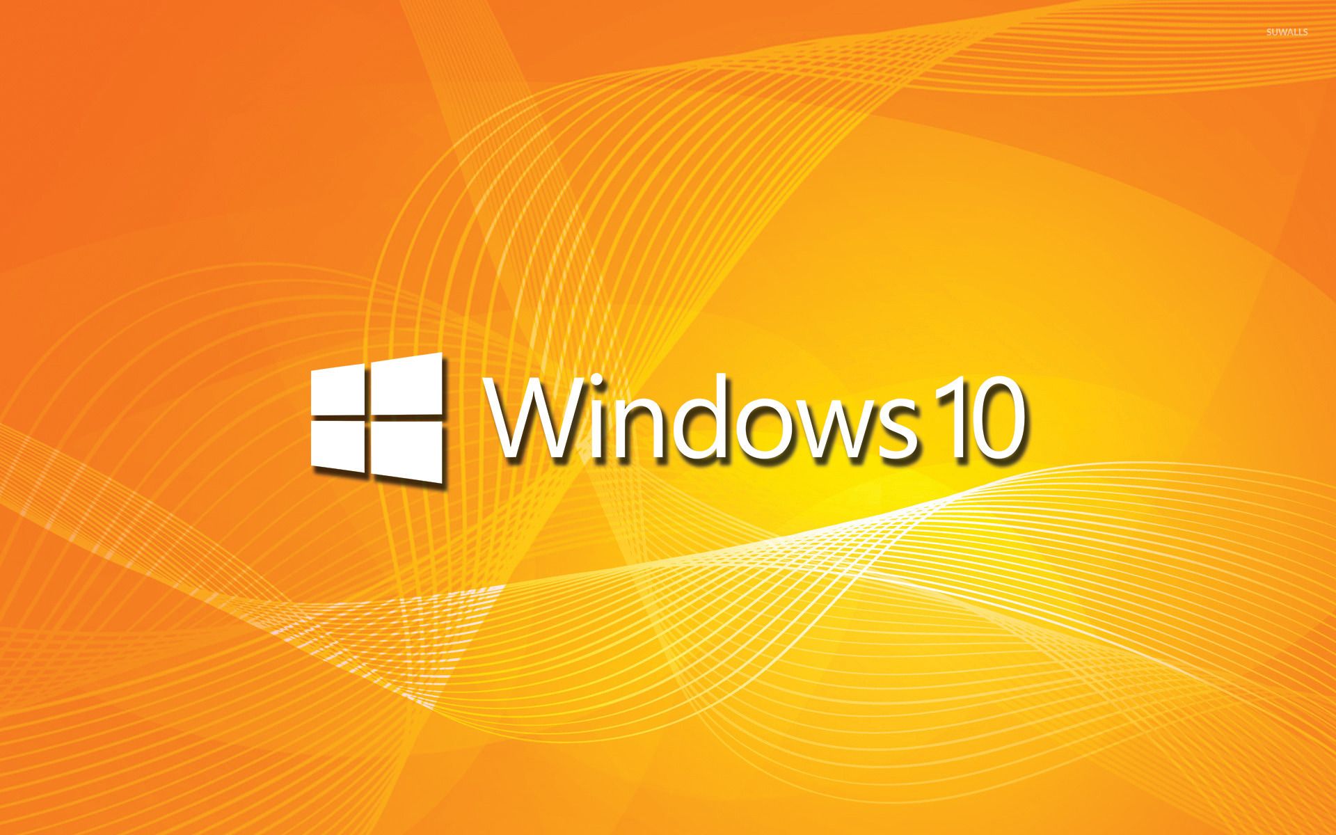 Windows 10 white text logo on orange waves wallpaper