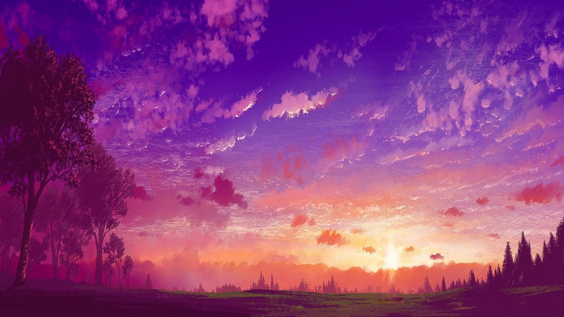 Anime #Landscape Anime Purple Sunset. Sun and clouds, Purple