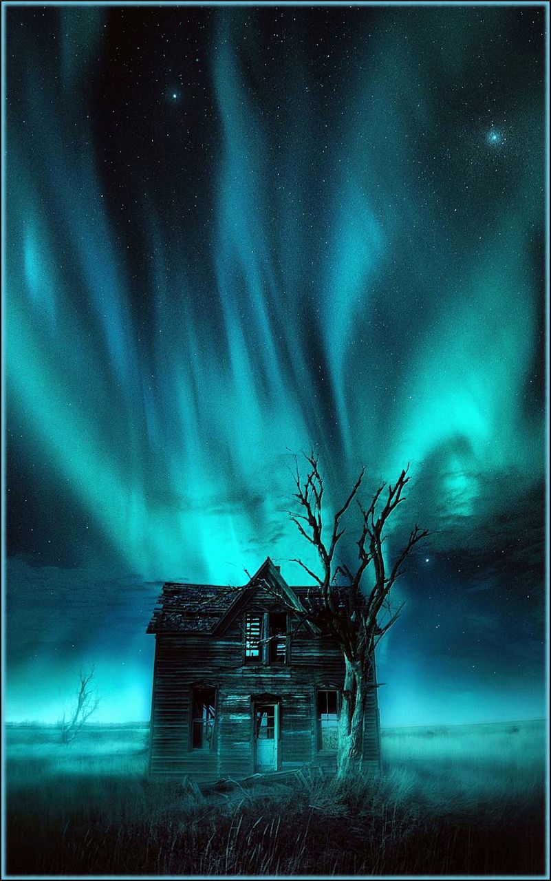 Awesome Aurora Borealis over Abandoned House by Jason Pohlman 4K Mobile Phone Wallpaper 2400x3840