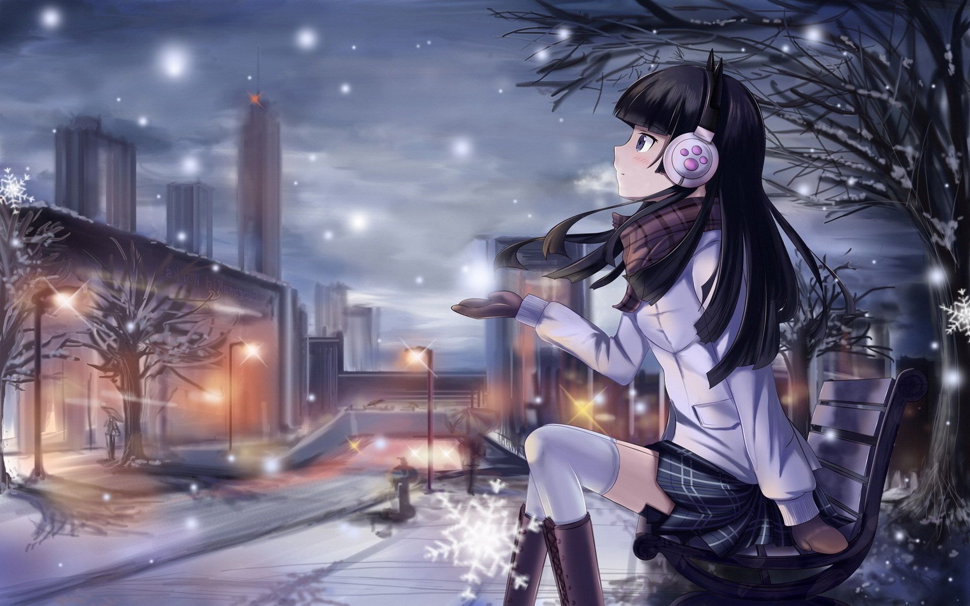 Street lights bench gokou ruri Girl snow