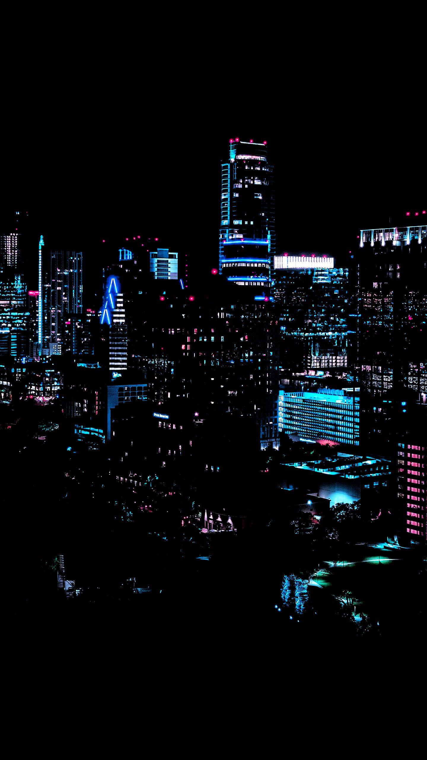 city #night #dark #building #lights #blue city lights #vertical portrait display #black K #wallpape. City lights wallpaper, Cityscape wallpaper, City wallpaper
