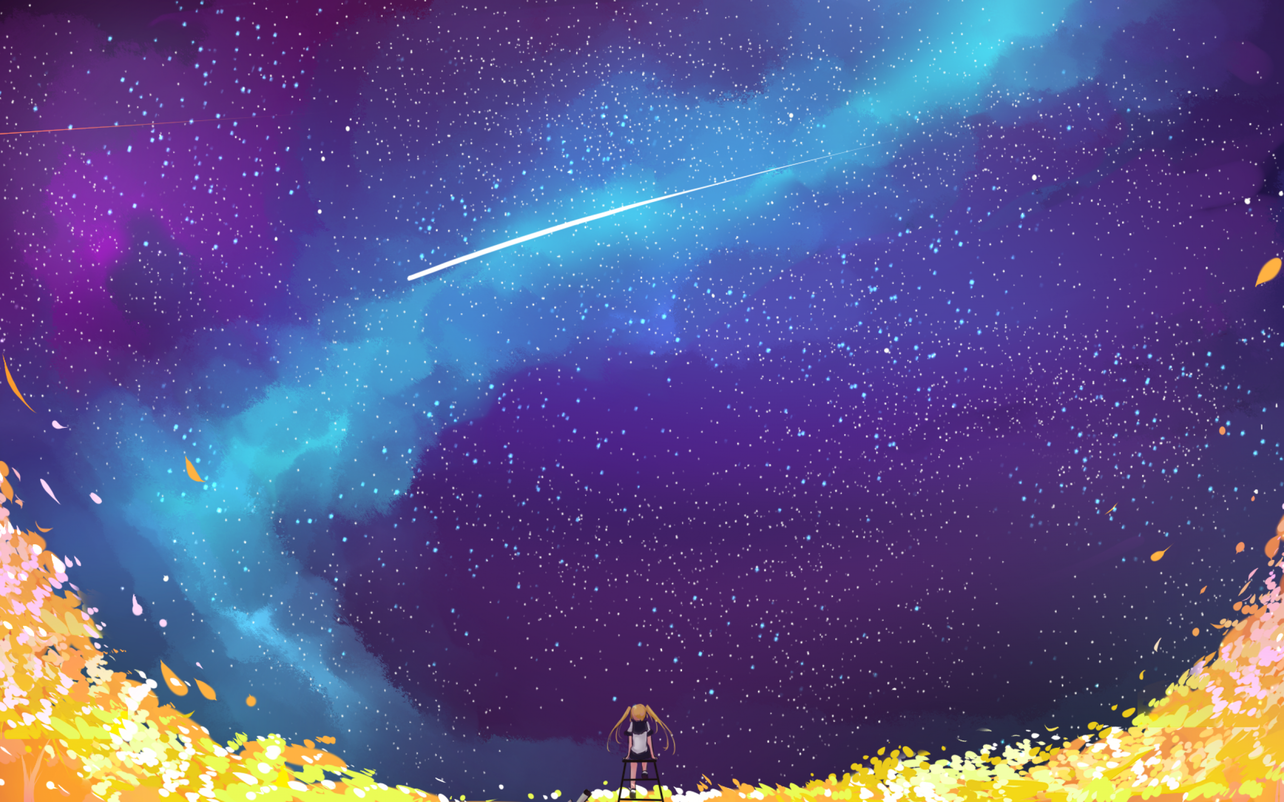 Download 2560x1600 Anime Girl, Space, Stars, Galaxy, Falling Stars, Petals Wallpaper for MacBook Pro 13 inch