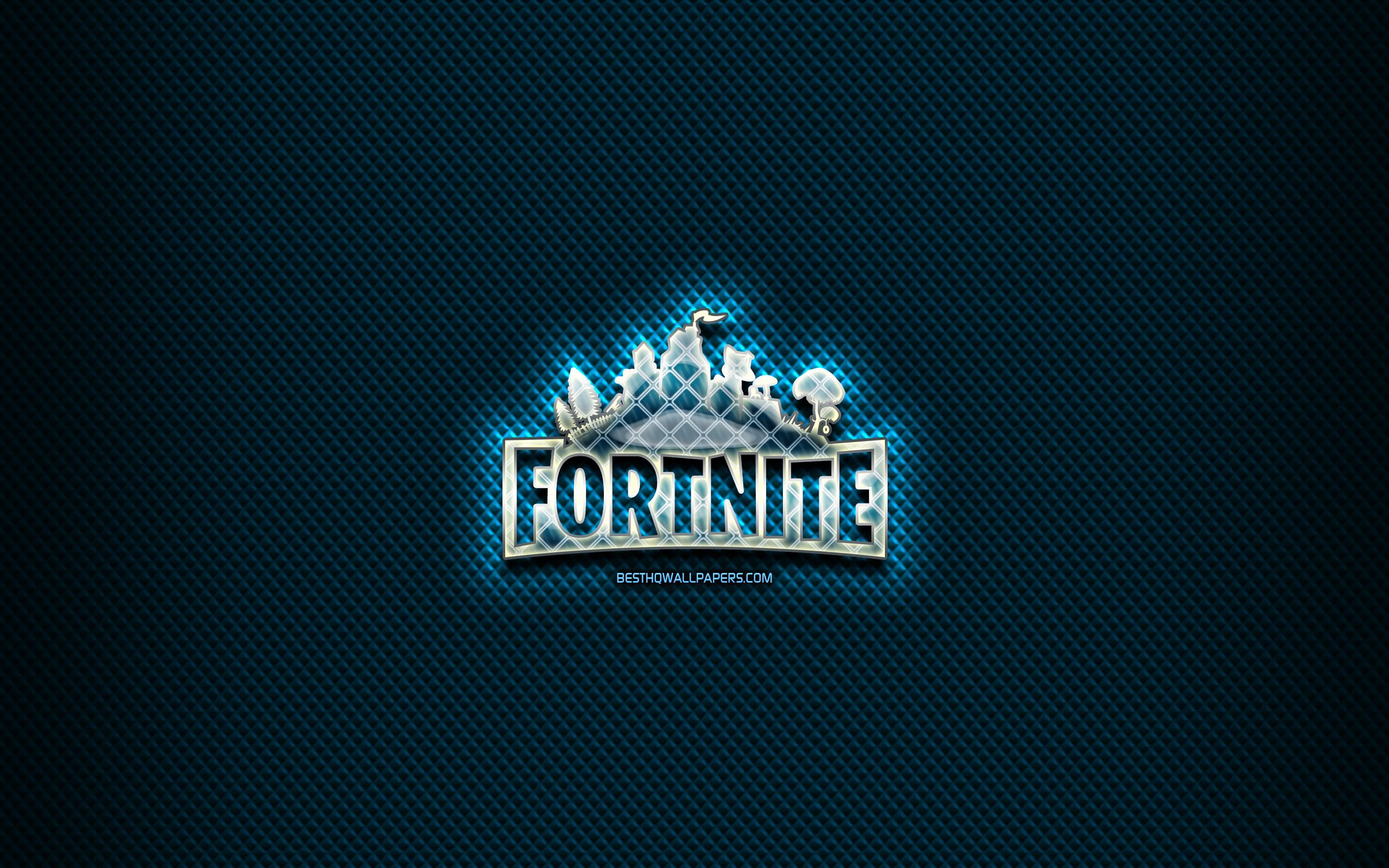Download wallpaper Fortnite glass logo, blue background, artwork