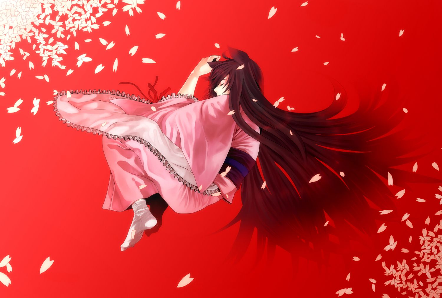 animal ears black hair flowers japanese clothes otome youkai