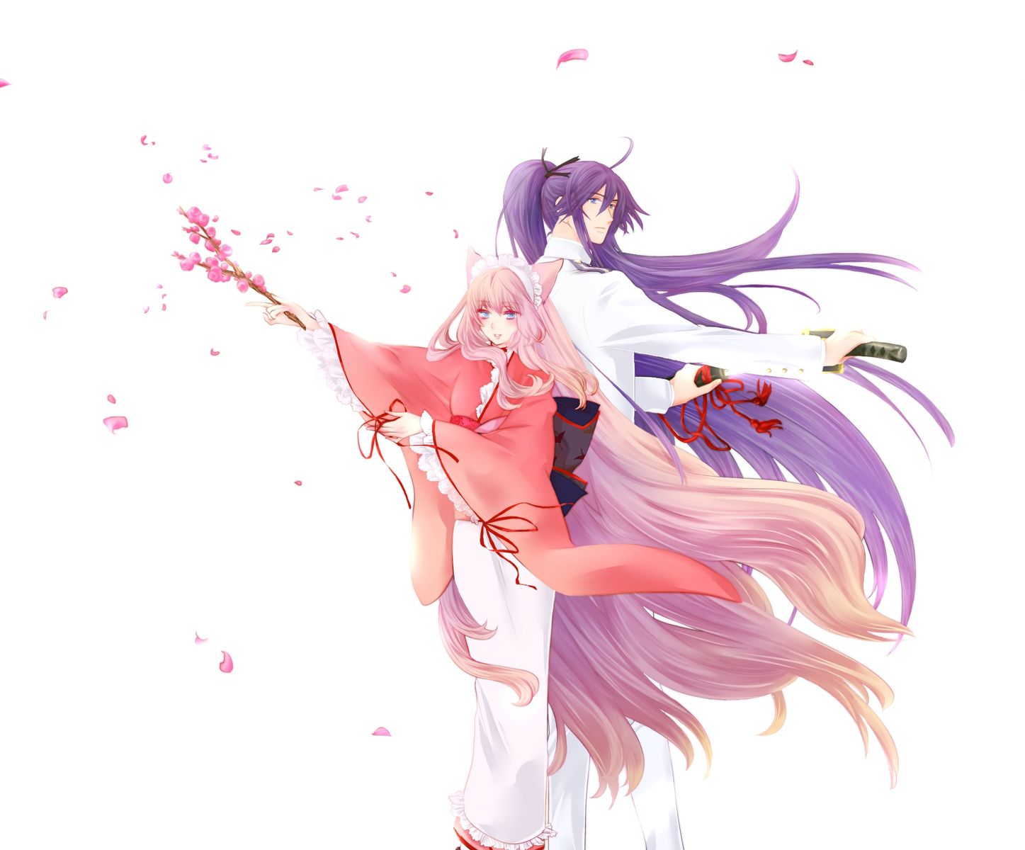animal ears blue hair cherry blossoms flowers japanese clothes