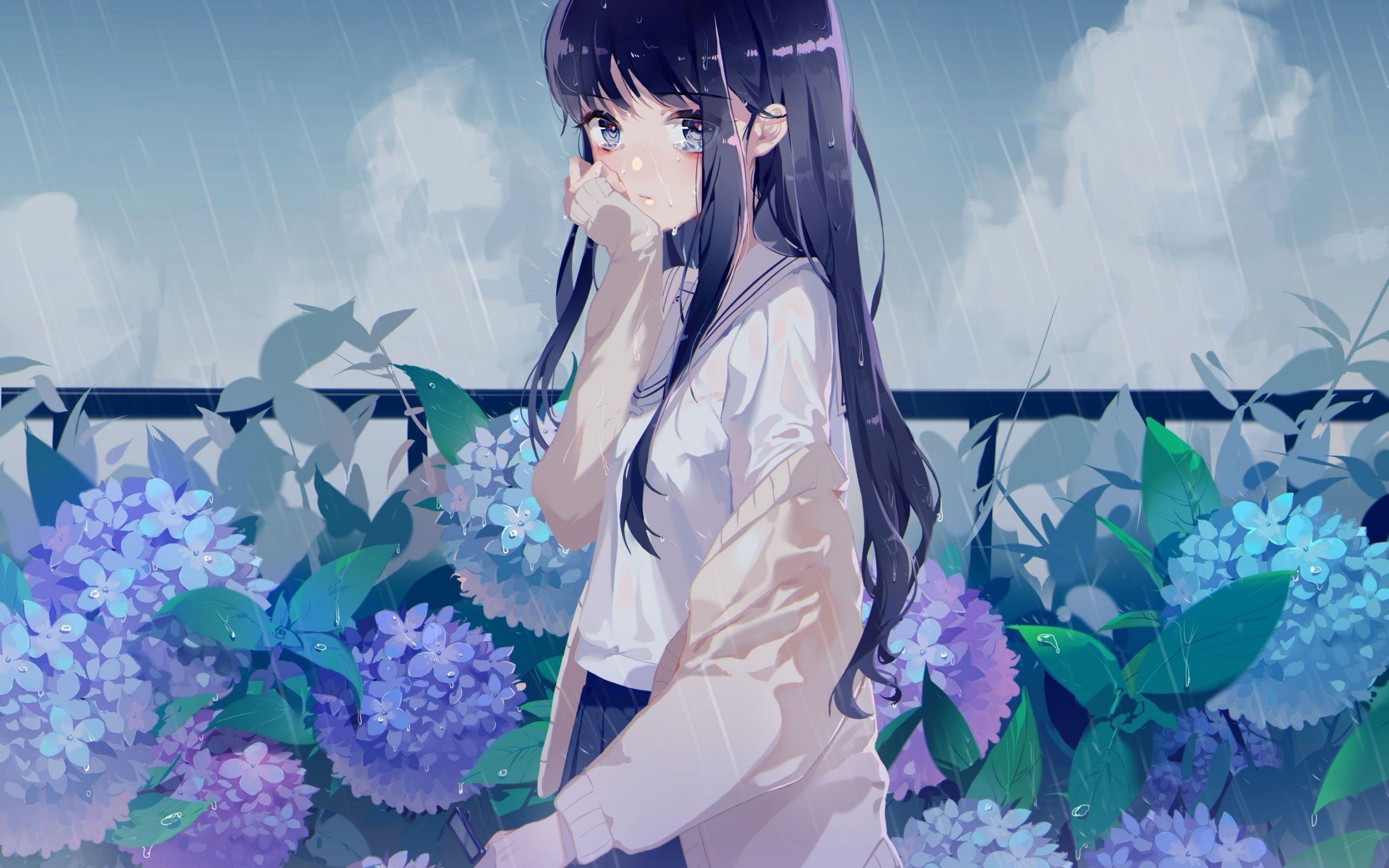 Download 2560x1600 Anime Girl, Raining, Flowers, Black Hair, Tears