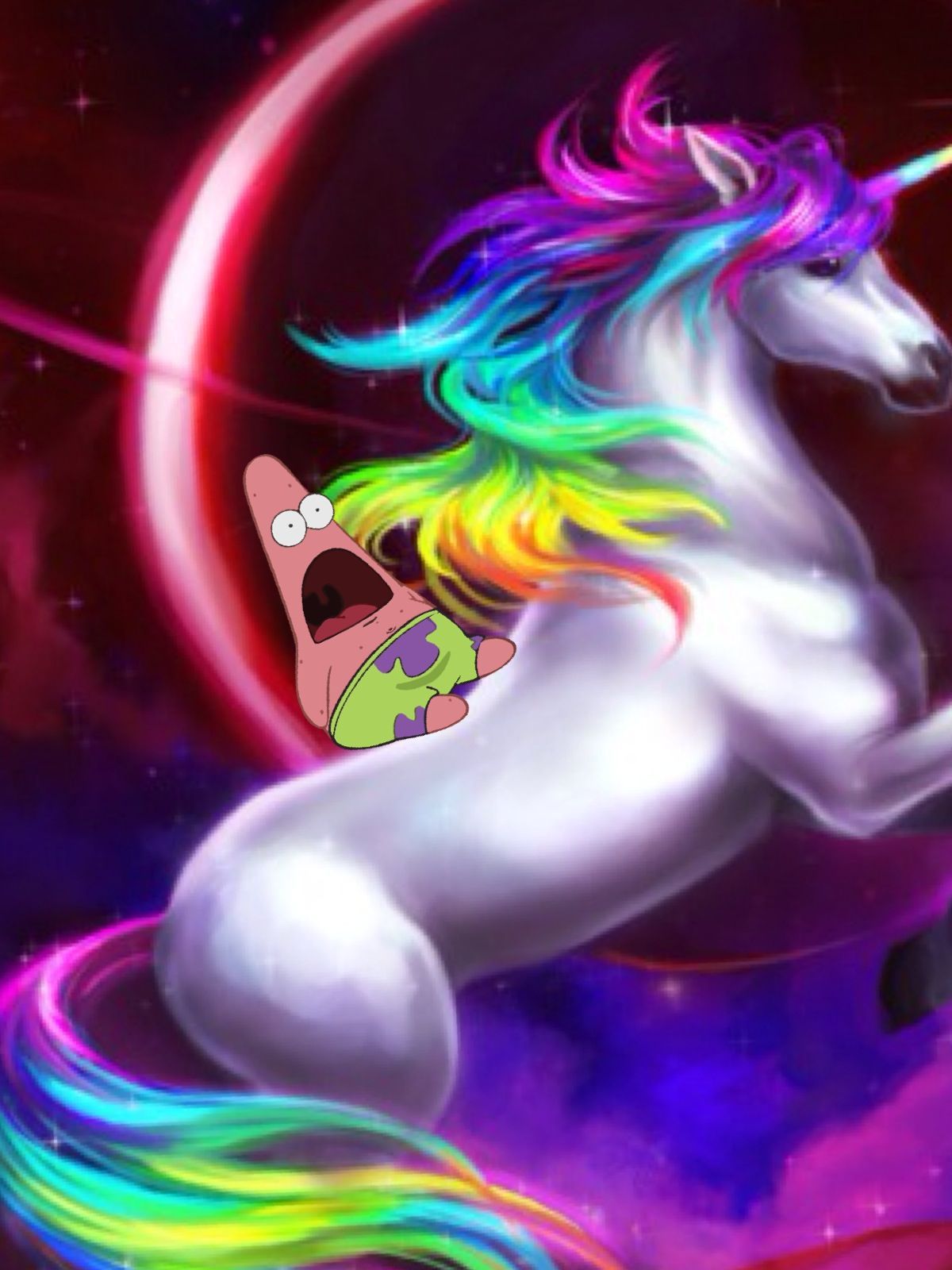 Space unicorn flying through the. Is that PATRICK?. Unicorn