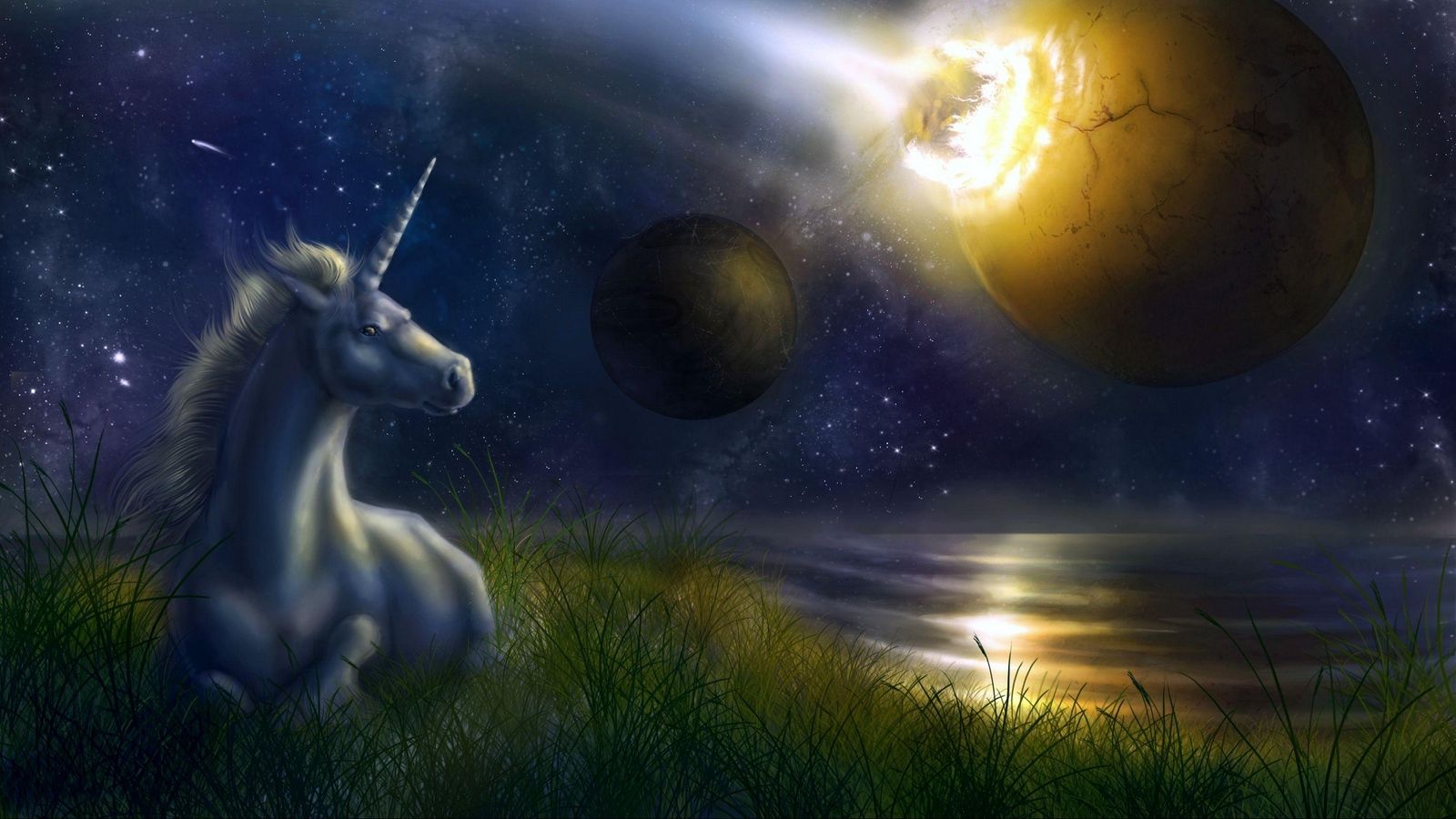 Download wallpaper 1600x900 unicorn, night, space, planets
