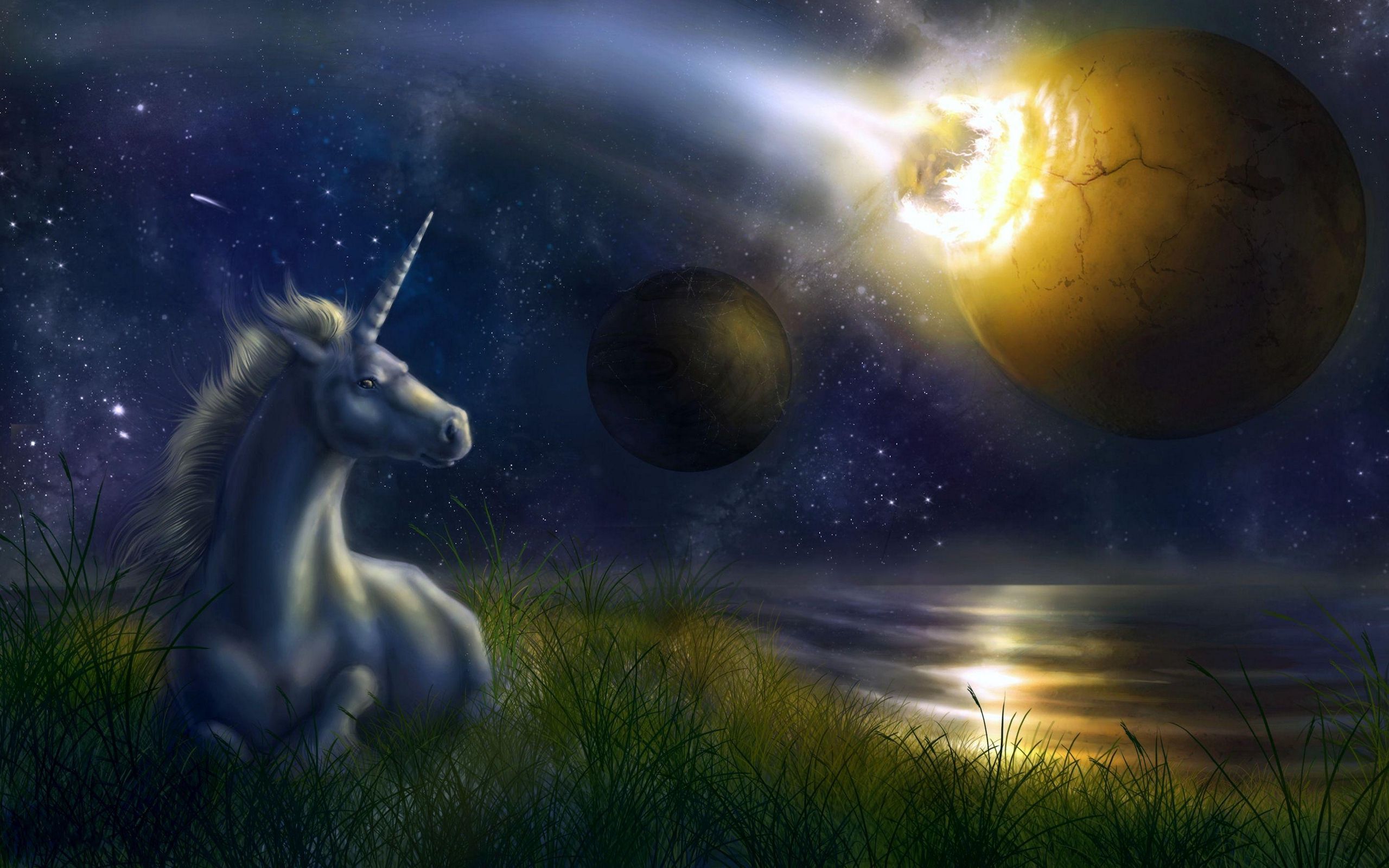 Download wallpaper 2560x1600 unicorn, night, space, planets