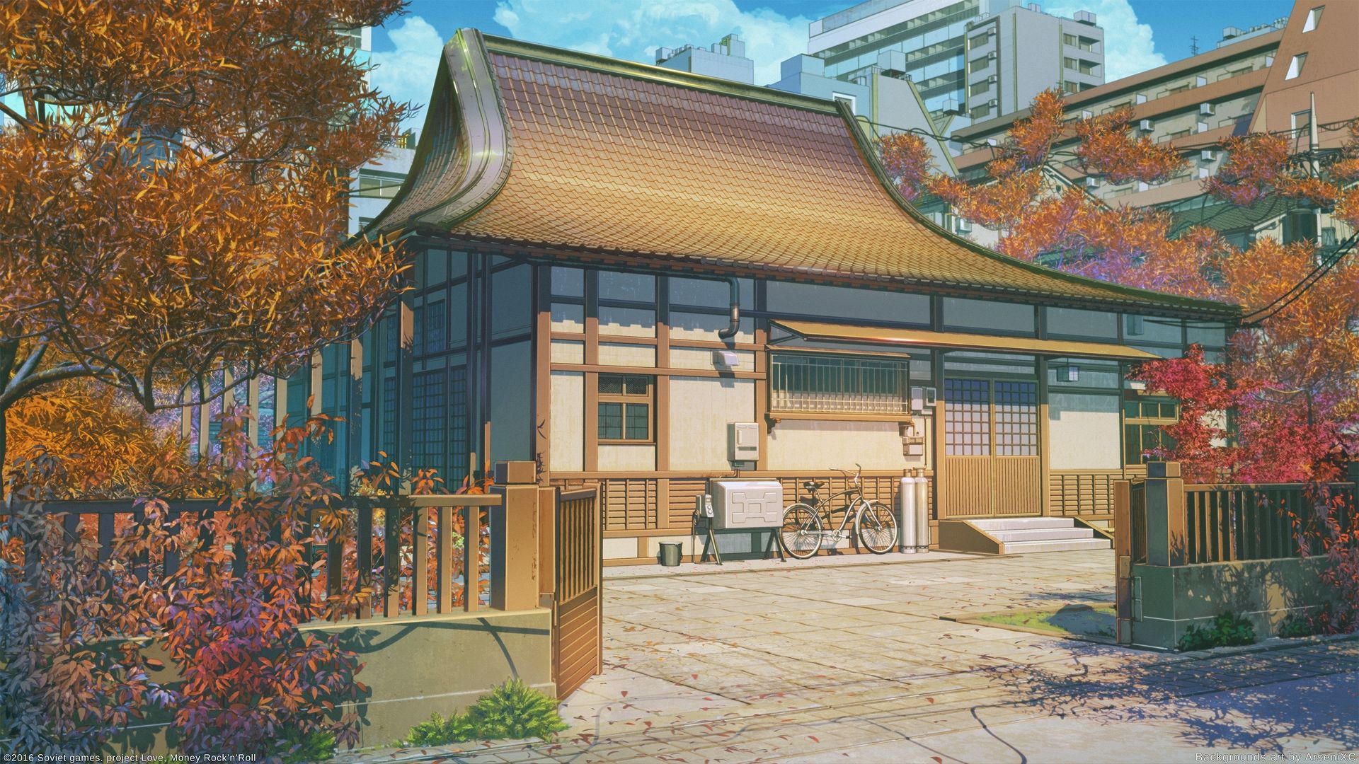 Download 1920x1080 Anime Landscape, Traditional Building, Scenic, Bicycle, Fence, Trees, House Wallpaper for Widescreen