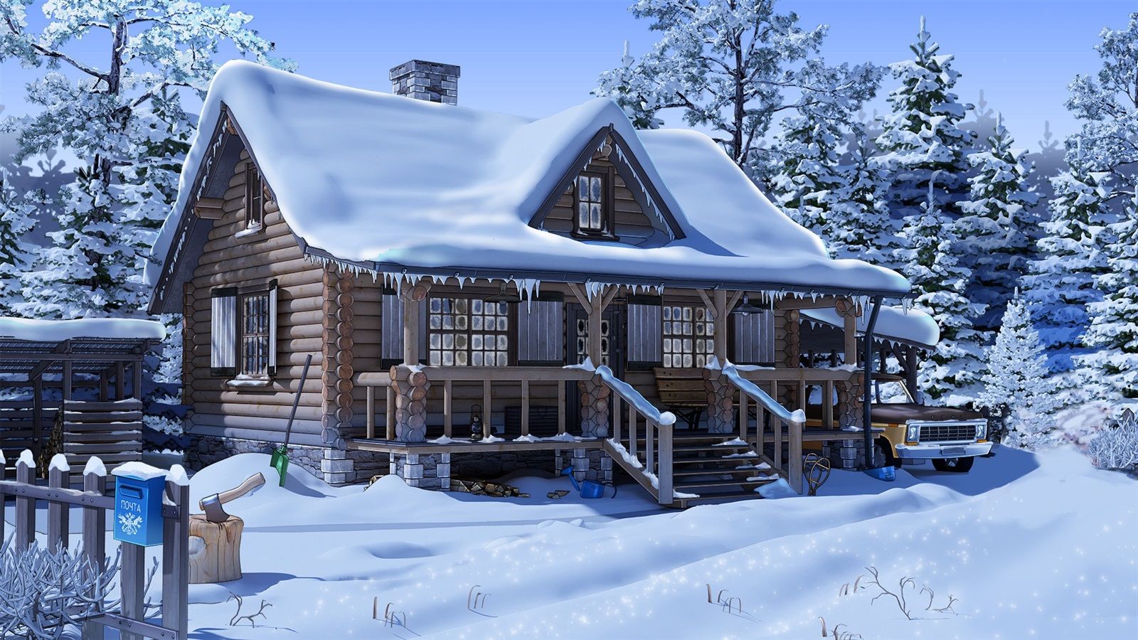Wallpaper Snow, house, trees, car, anime 1920x1080 Full HD 2K