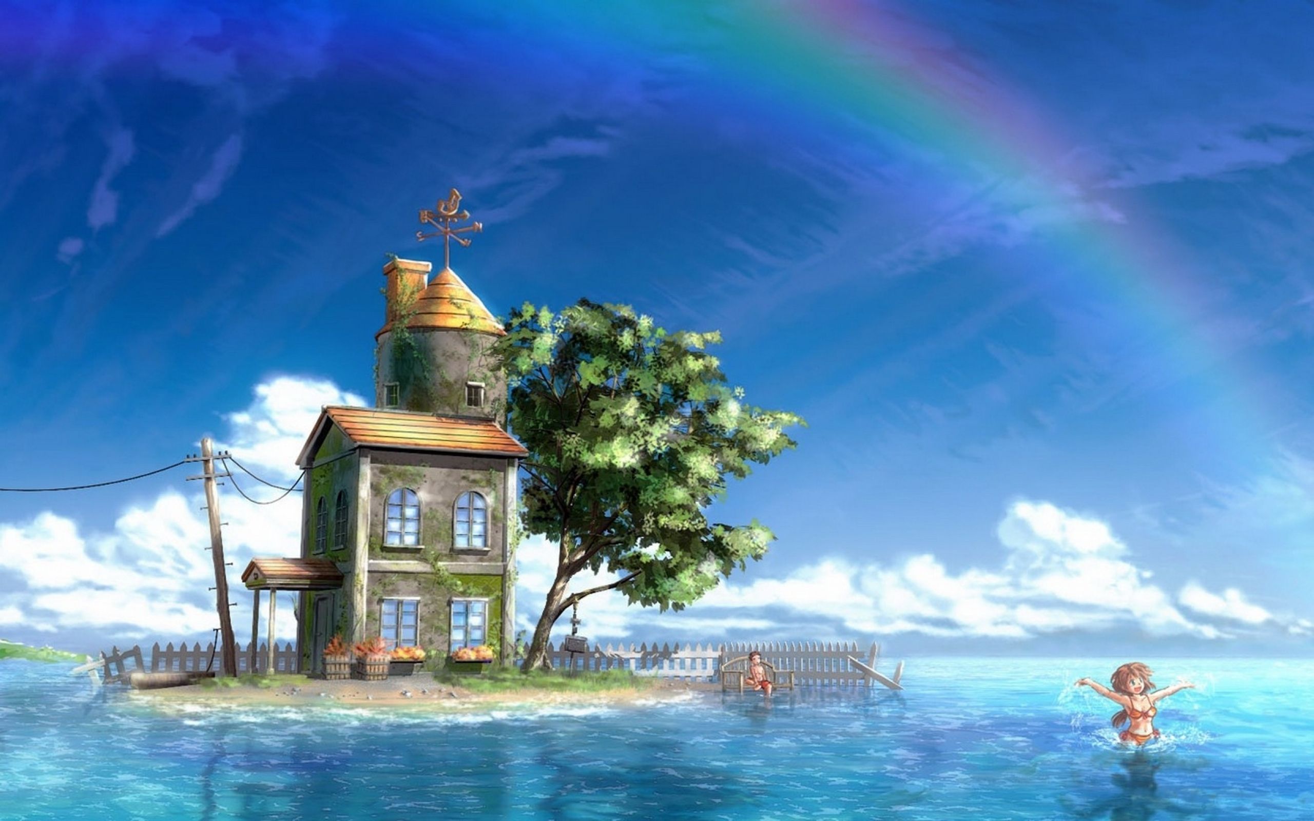 Free download Anime Scenery House and Rainbow Wallpaper HD