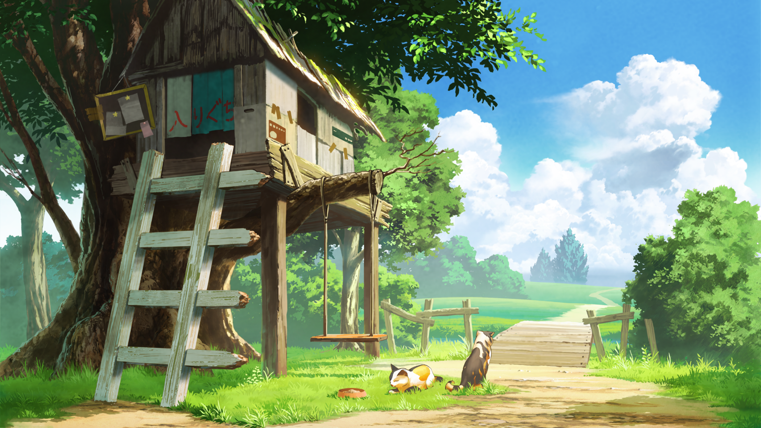 Download 2560x1440 Anime Landscape, Tree House, Cats, Clouds