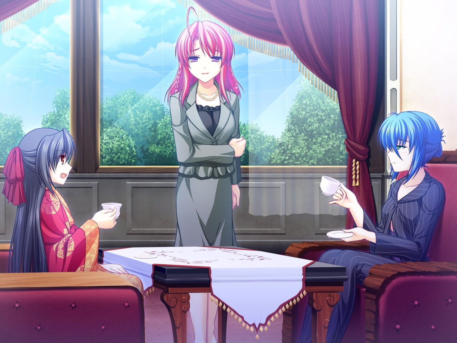 Pink and blue haired anime girls taking coffee inside house HD
