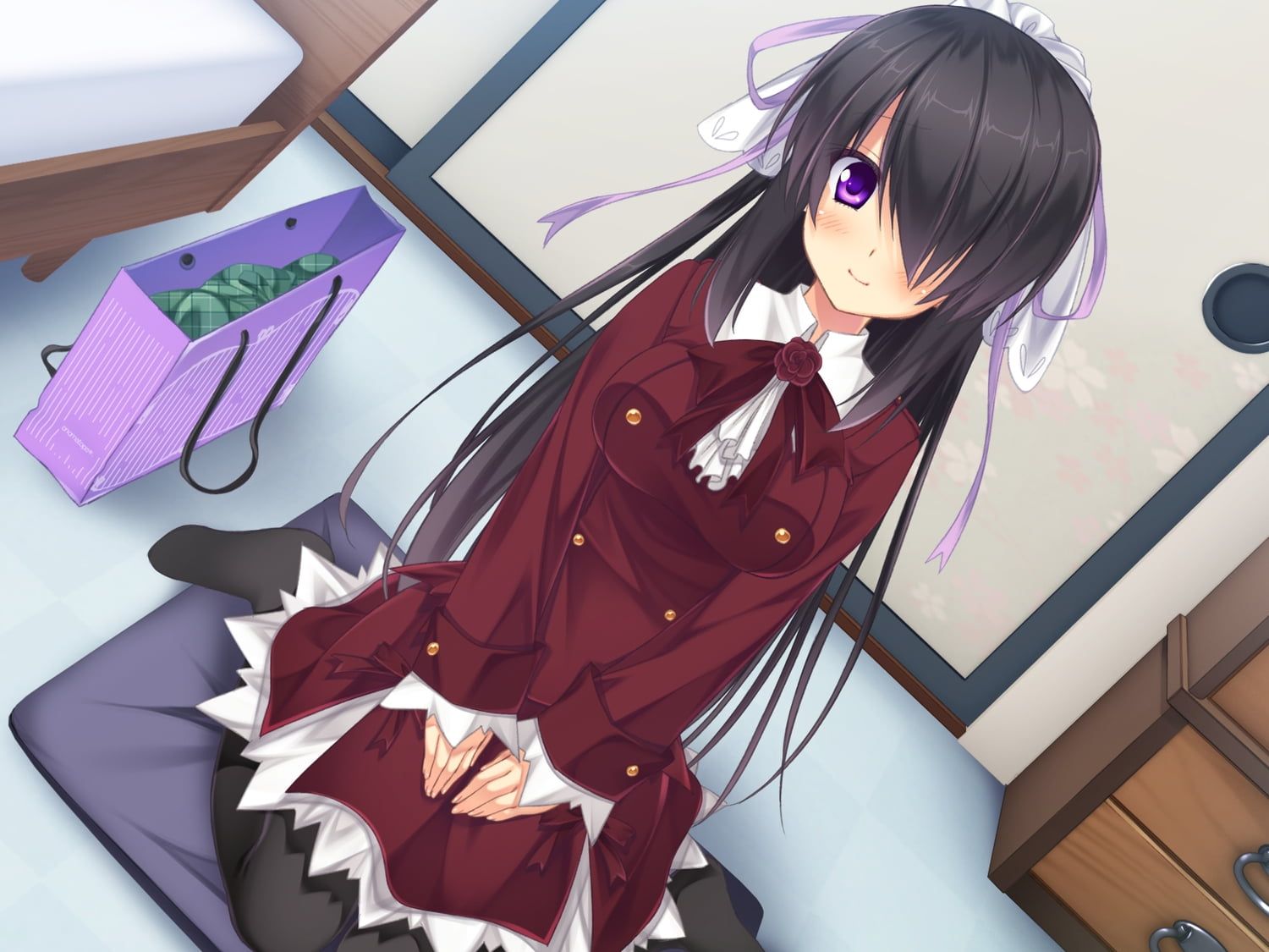 Black haired red dressed anime girl character sitting inside house