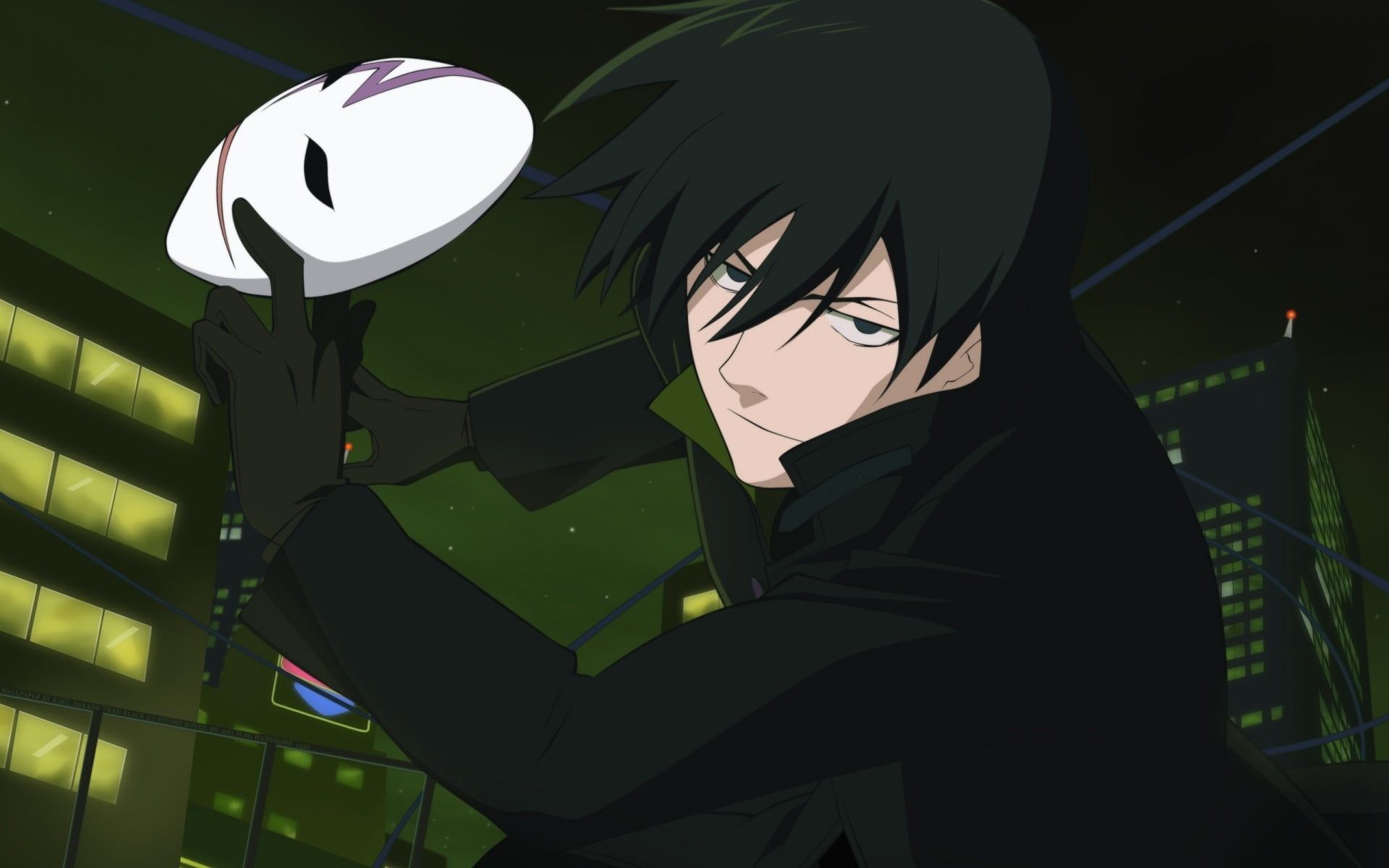 Man holding a white mask wearing black coat animated character HD