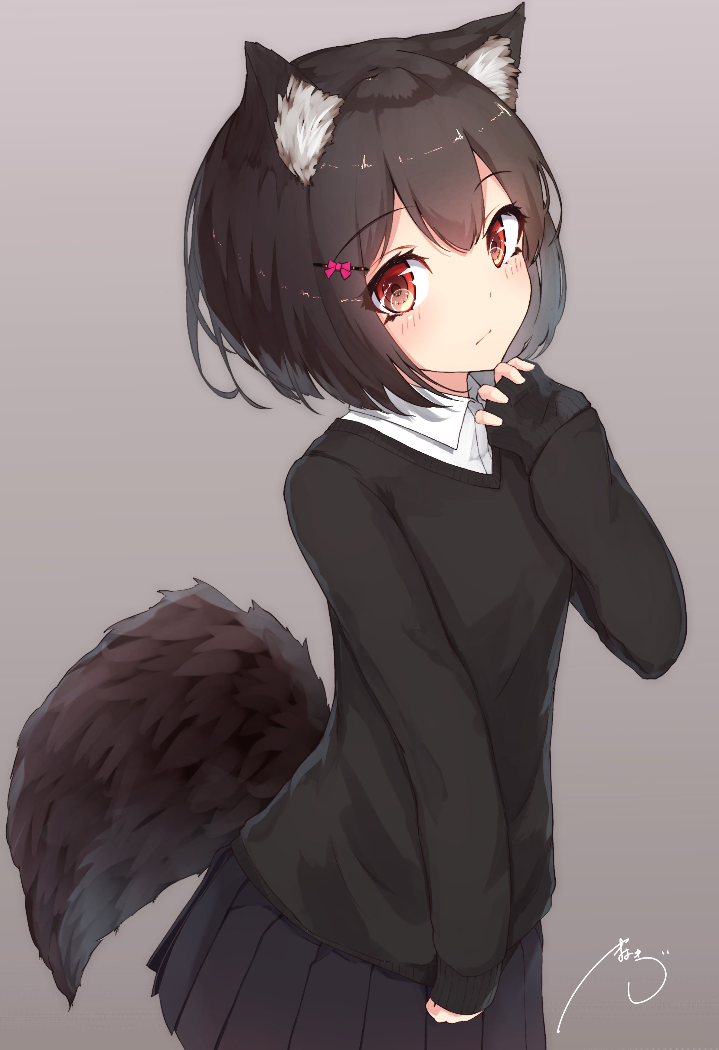 Anime Girl With White Wolf Ears And Tail