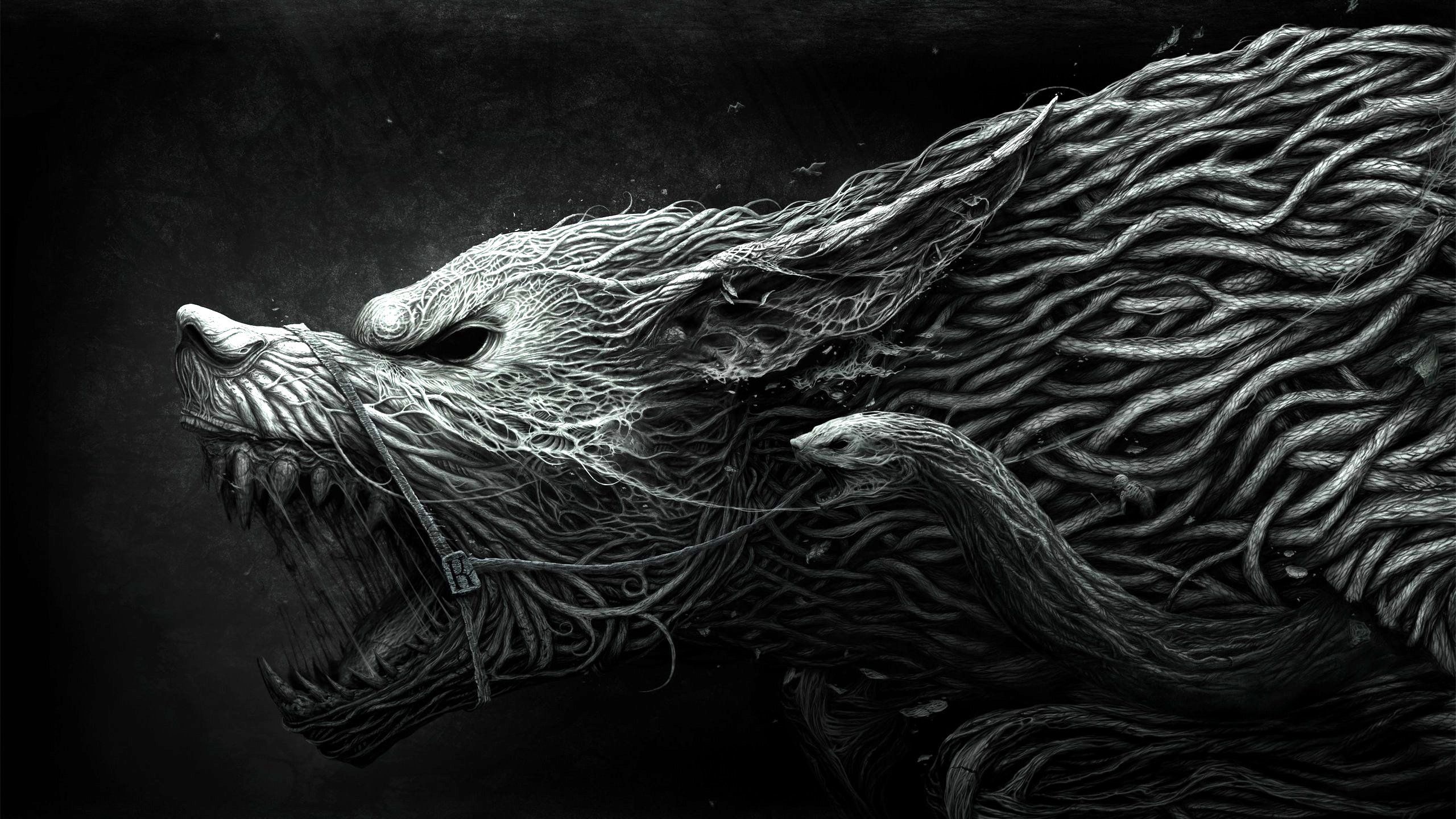 Download wallpaper 2560x1440 wolf, teeth, drawing, aggression