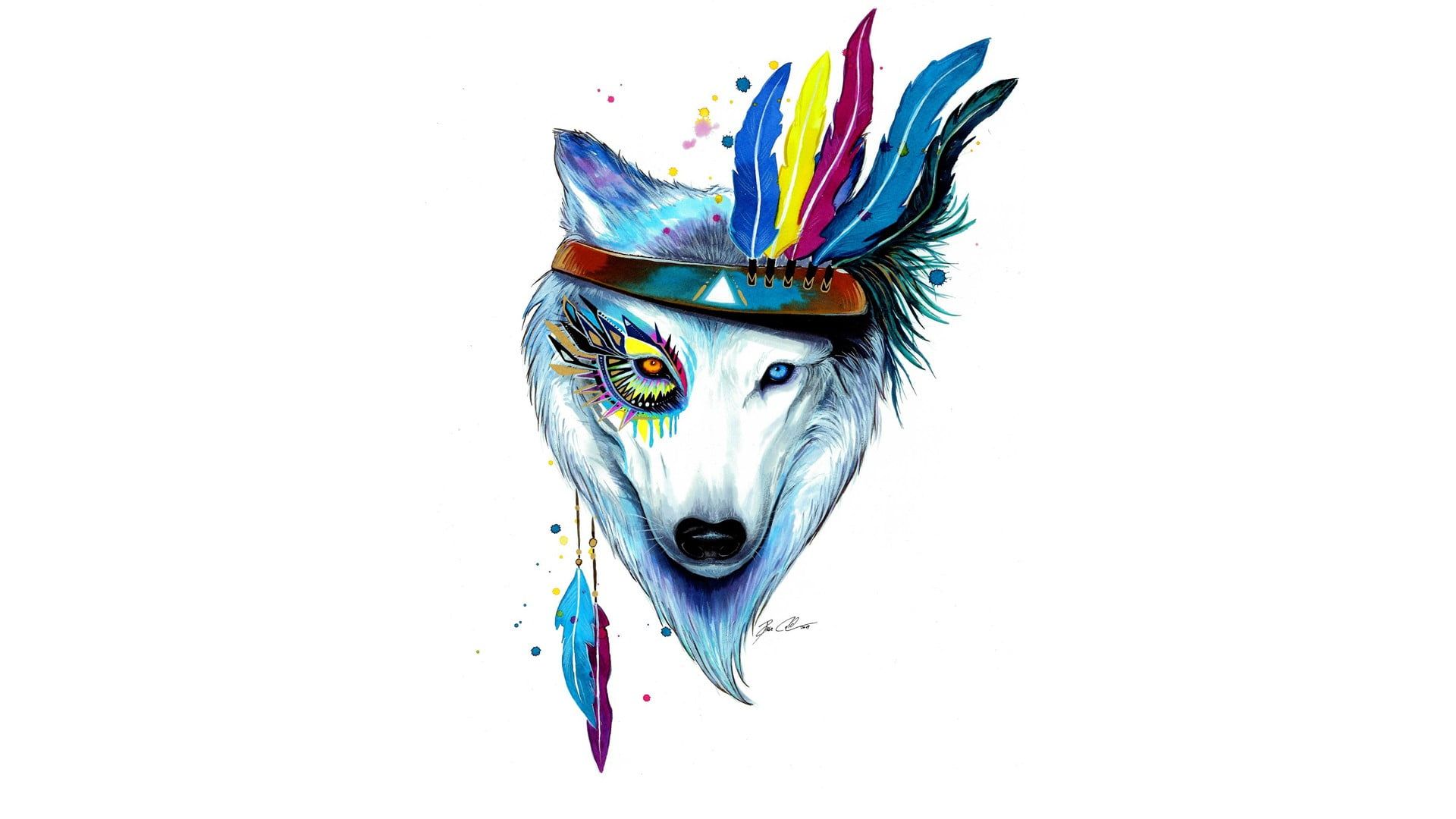 Wolf wearing feather headband Wallpaper, drawing, feathers