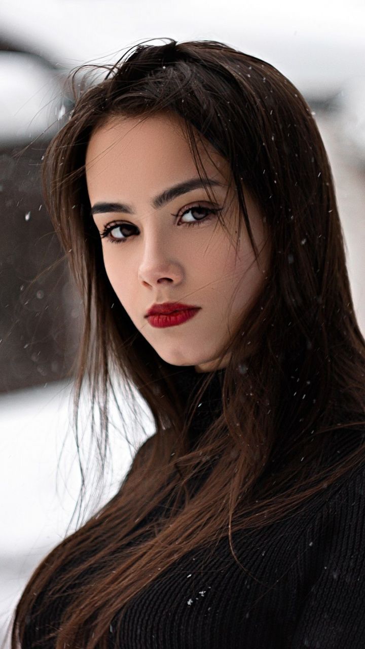 Snowfall, woman model, red lips, portrait, 720x1280 wallpaper