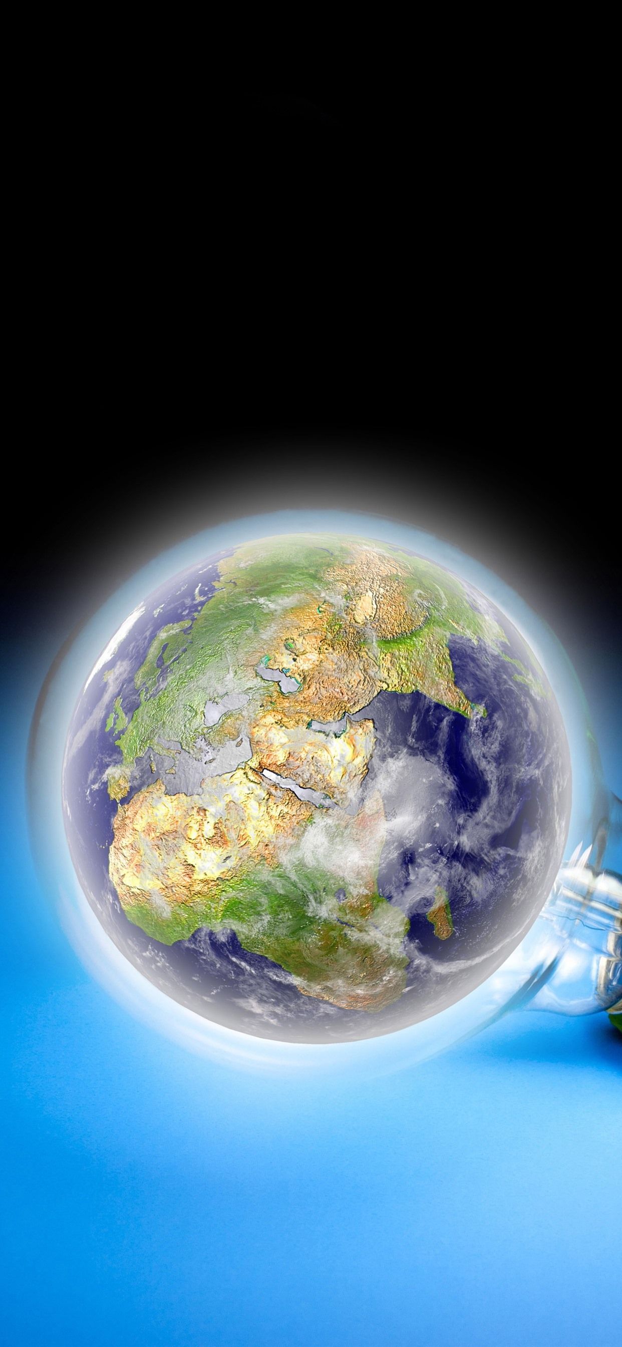 Light bulb, Earth, blue background, creative picture 1242x2688