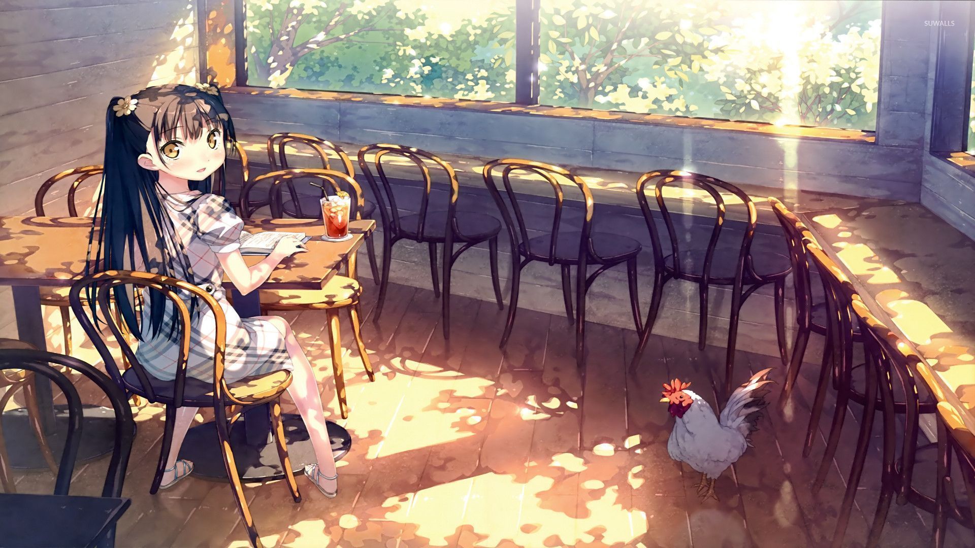 Girl sitting in a village cafe wallpaper wallpaper