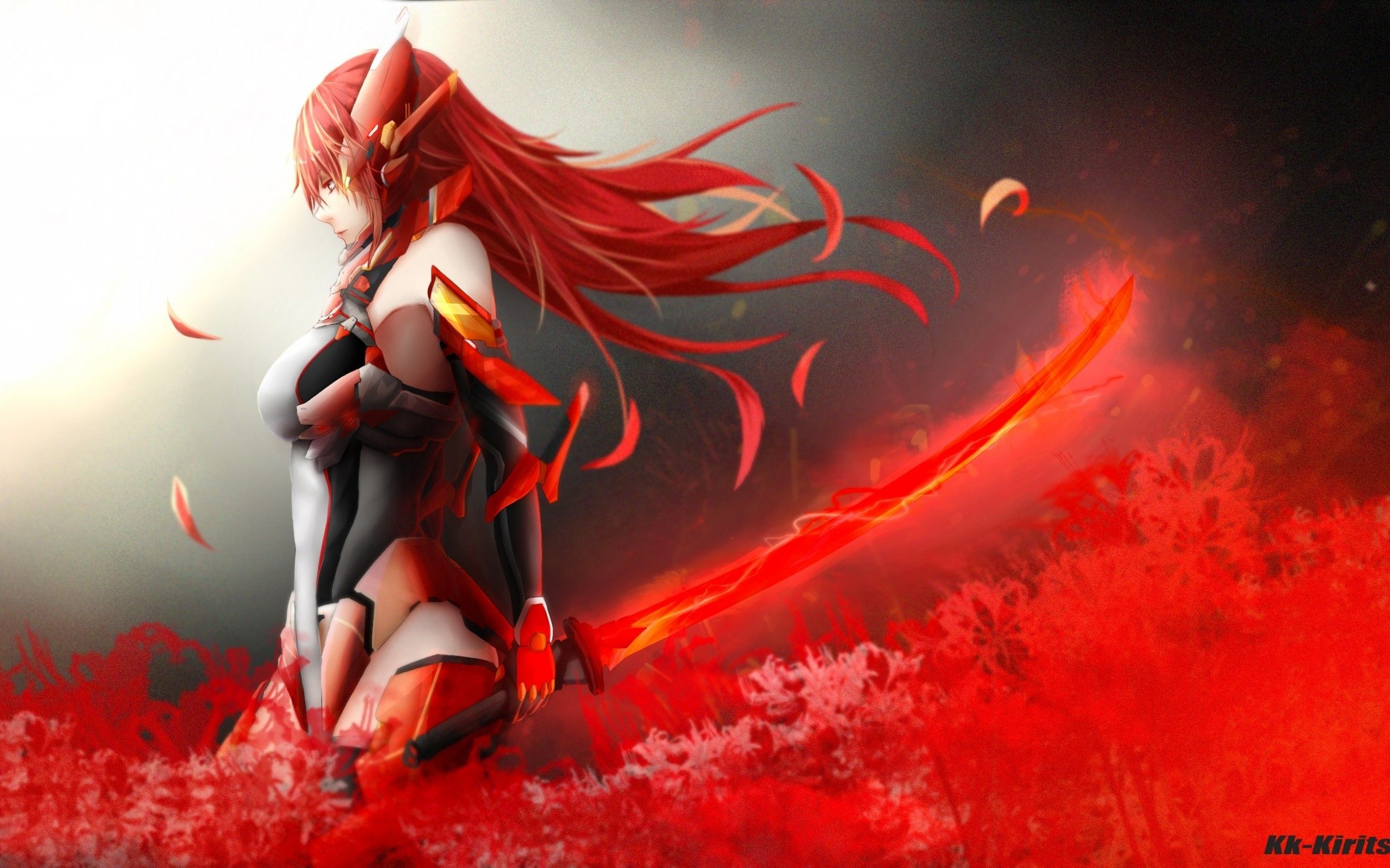 Download 2560x1600 Anime Girl, Redhead, Bodysuit, Fiery Sword, Sci
