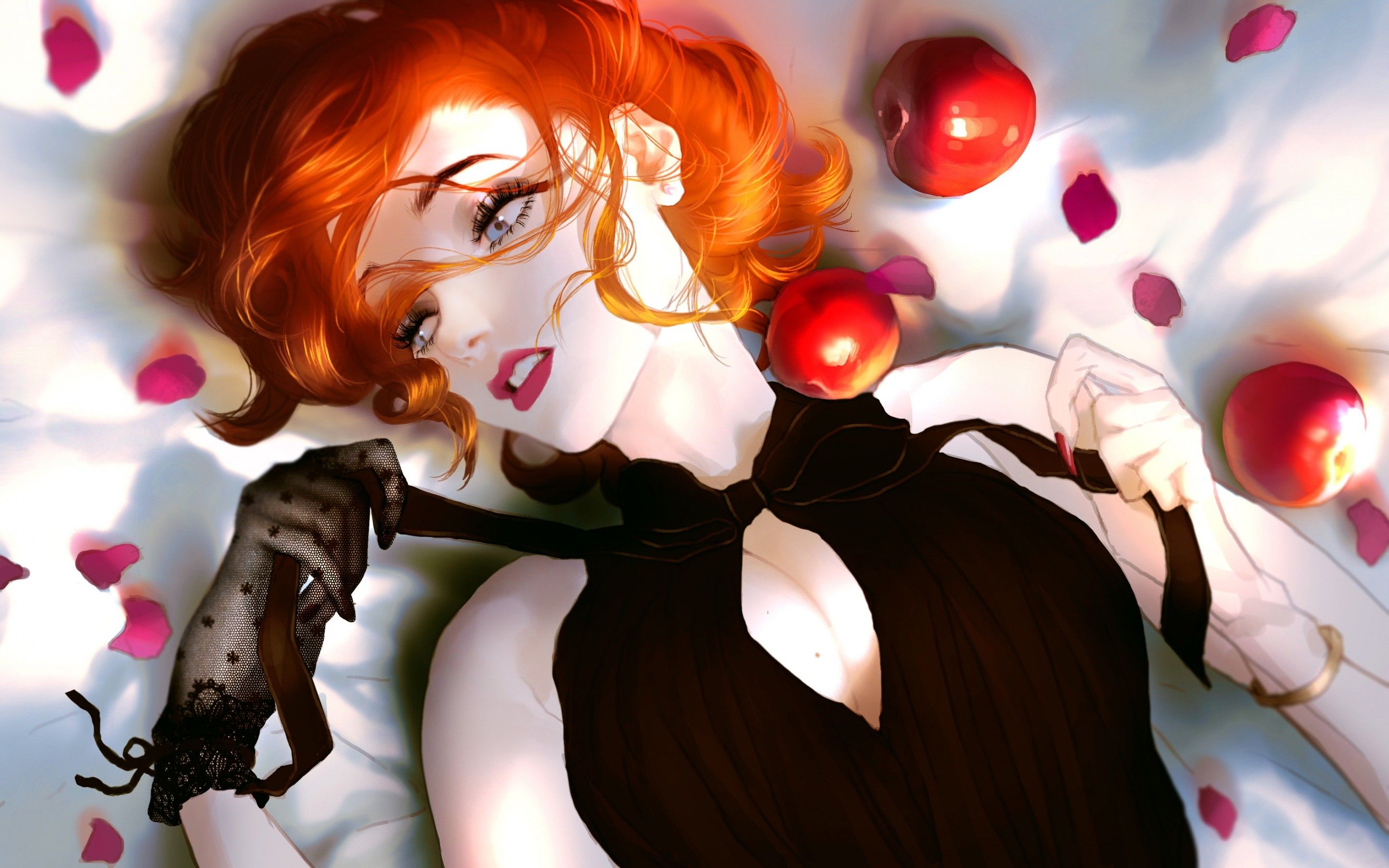 #women, #cleavage, #drawing, #black gloves, #redhead
