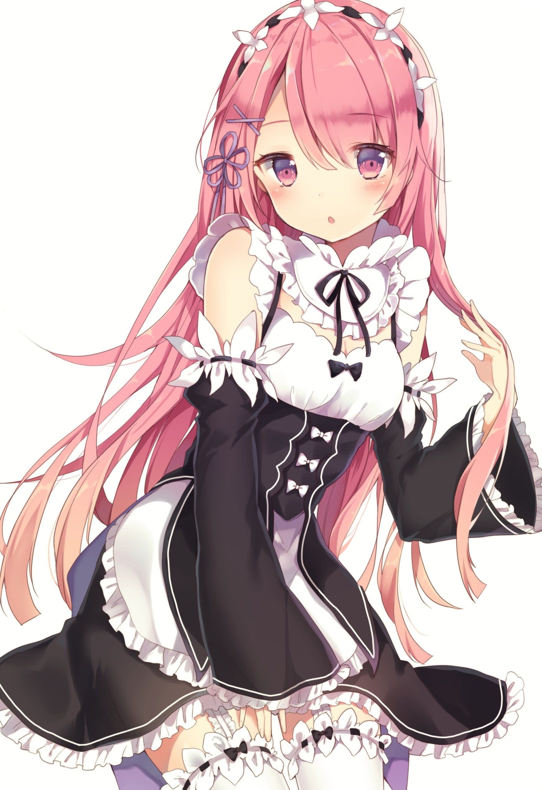 Rezero Ram digital wallpaper, white background, maid outfit, maid