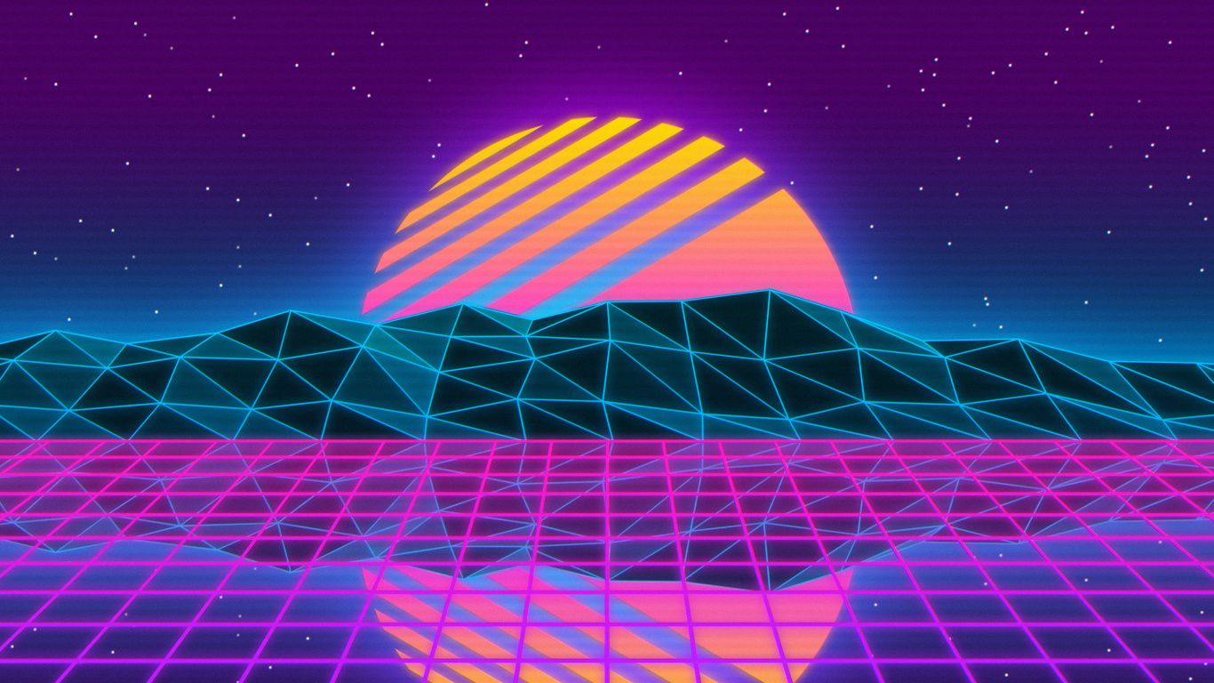 Download 1366x768 wallpaper vaporwave, retro, sun, mountains