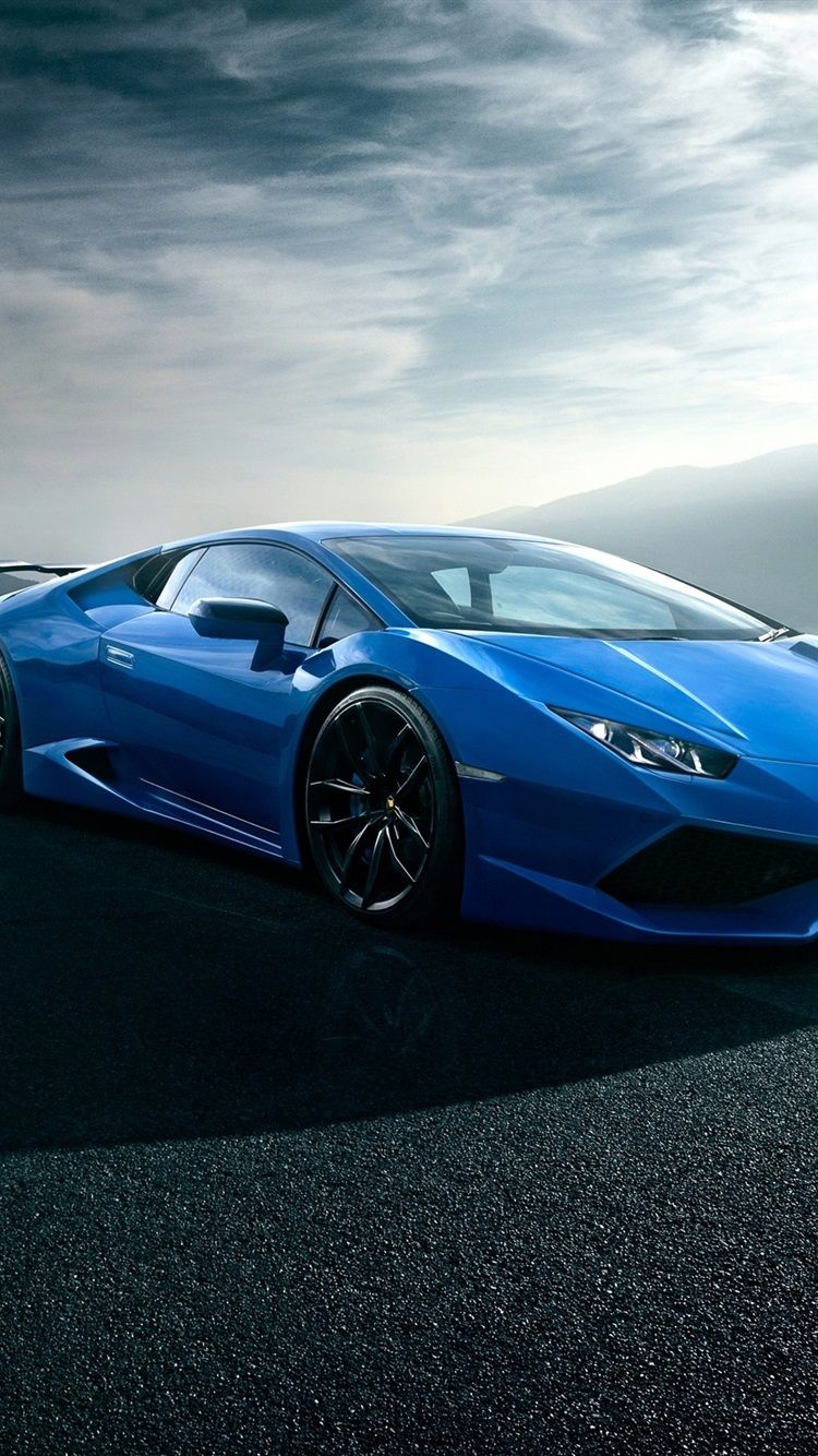 Lamborghini Huracan blue luxury supercar, road, clouds 750x1334