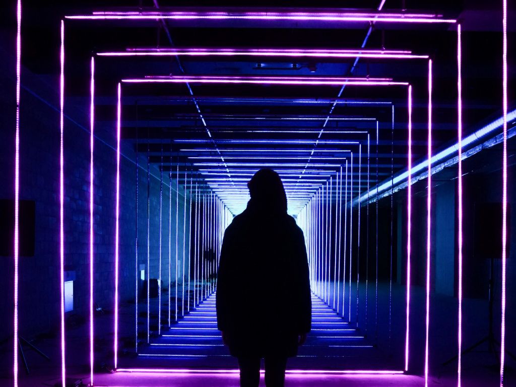Desktop wallpapers neon lights, tunnel, silhouette, girl, hd image