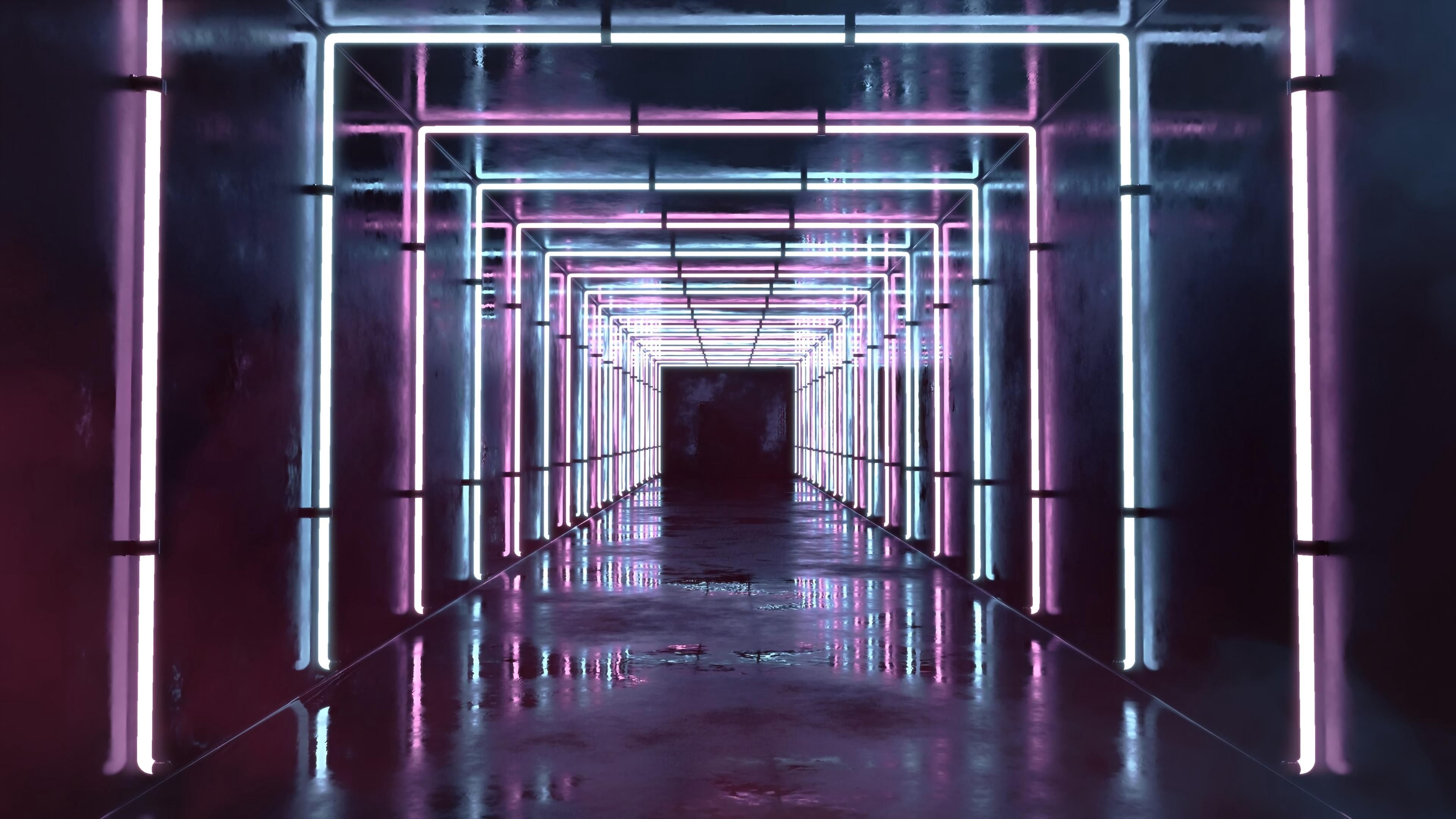 wallpapers corridor, tunnel, neon, light, reflection HD