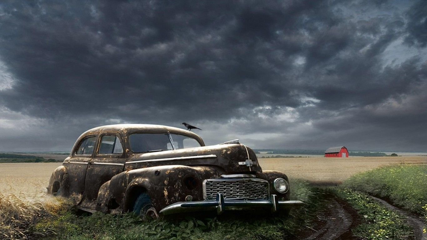 Abandoned Rusty Classic Car in a Field HD desktop wallpaper