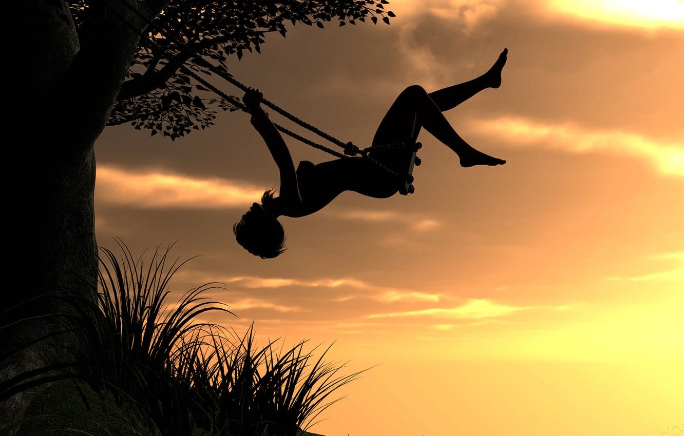 Wallpaper the sky, girl, sunset, rendering, swing, tree image