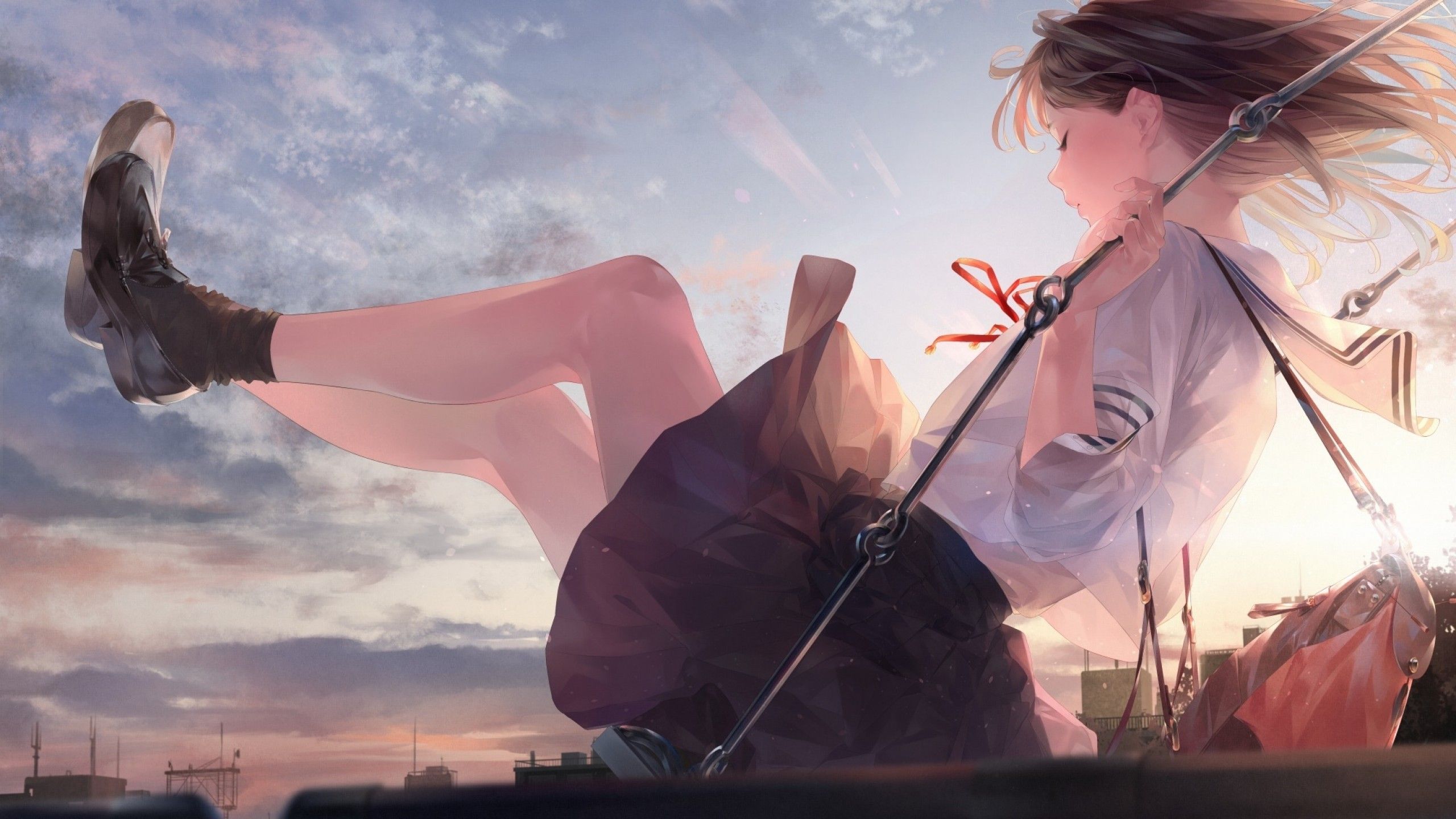 Download 2560x1440 Giant Anime Girl, Swing, Clouds, School Uniform