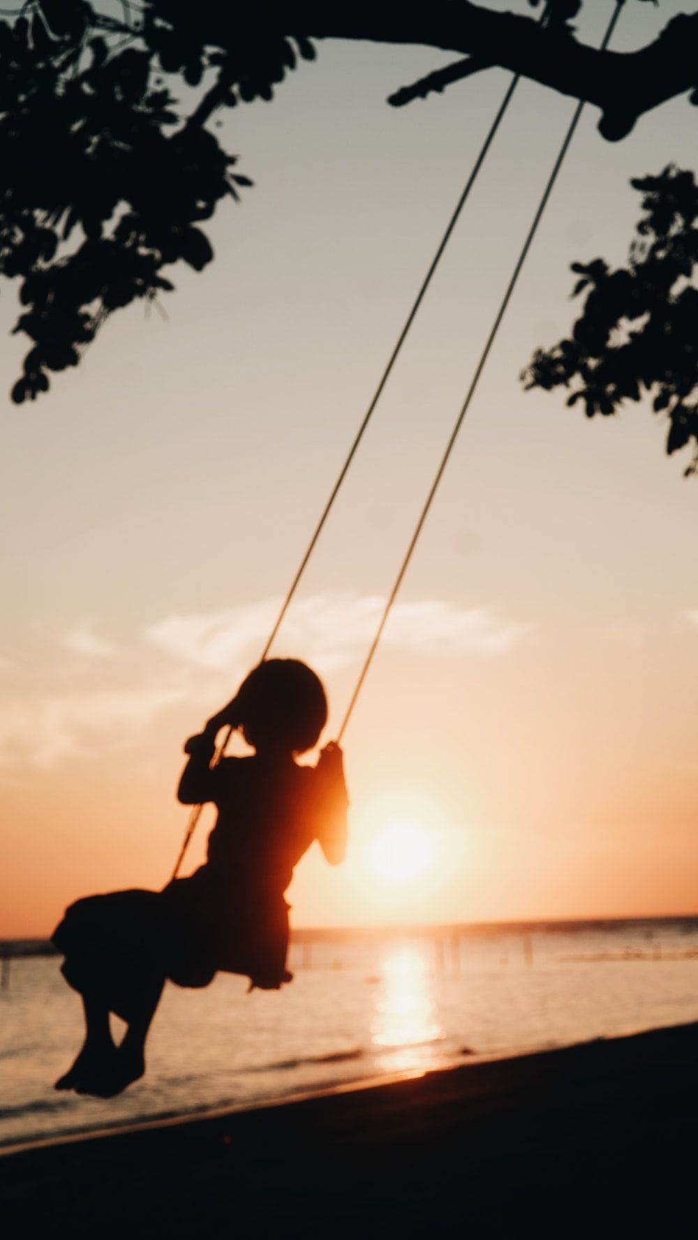silhouette of girl on swing across body of water photo