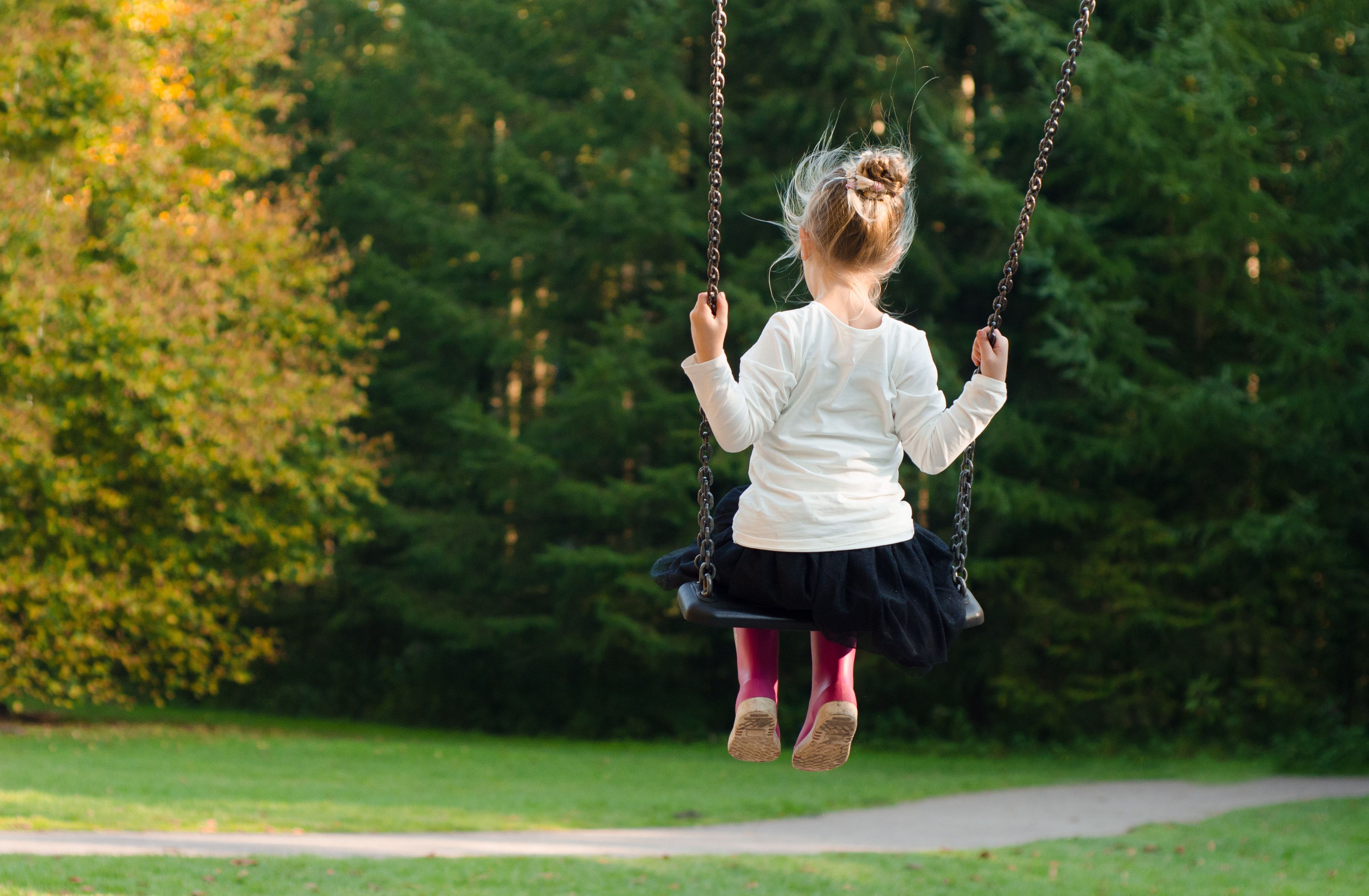 Girl in White Long Sleeve Shirt and Black Skirt Sitting on Swing