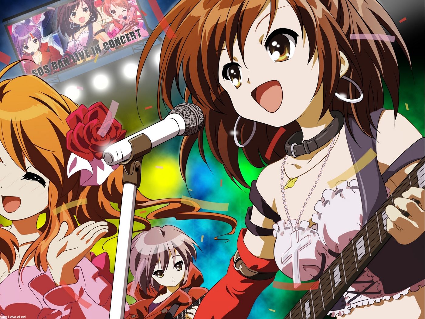 Download wallpaper 1400x1050 anime, girls, group, scene, song