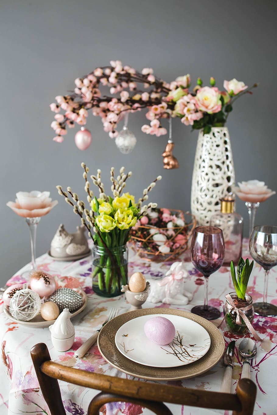 HD wallpaper: Easter table with cute pink decorations, flowers