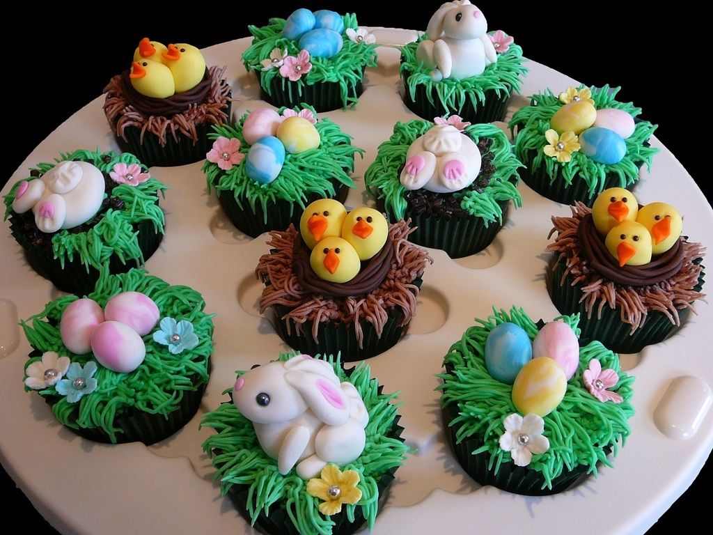 Easter Cupcakes Featuring Bunnies, Chicks In Nests And Easter Eggs